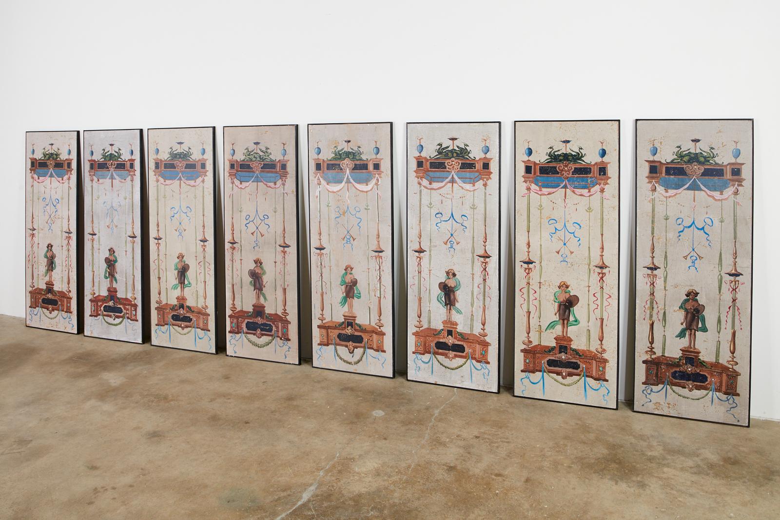 Set of Eight Neoclassical Pompeian Style Painted Wallpaper Panels In Distressed Condition In Rio Vista, CA