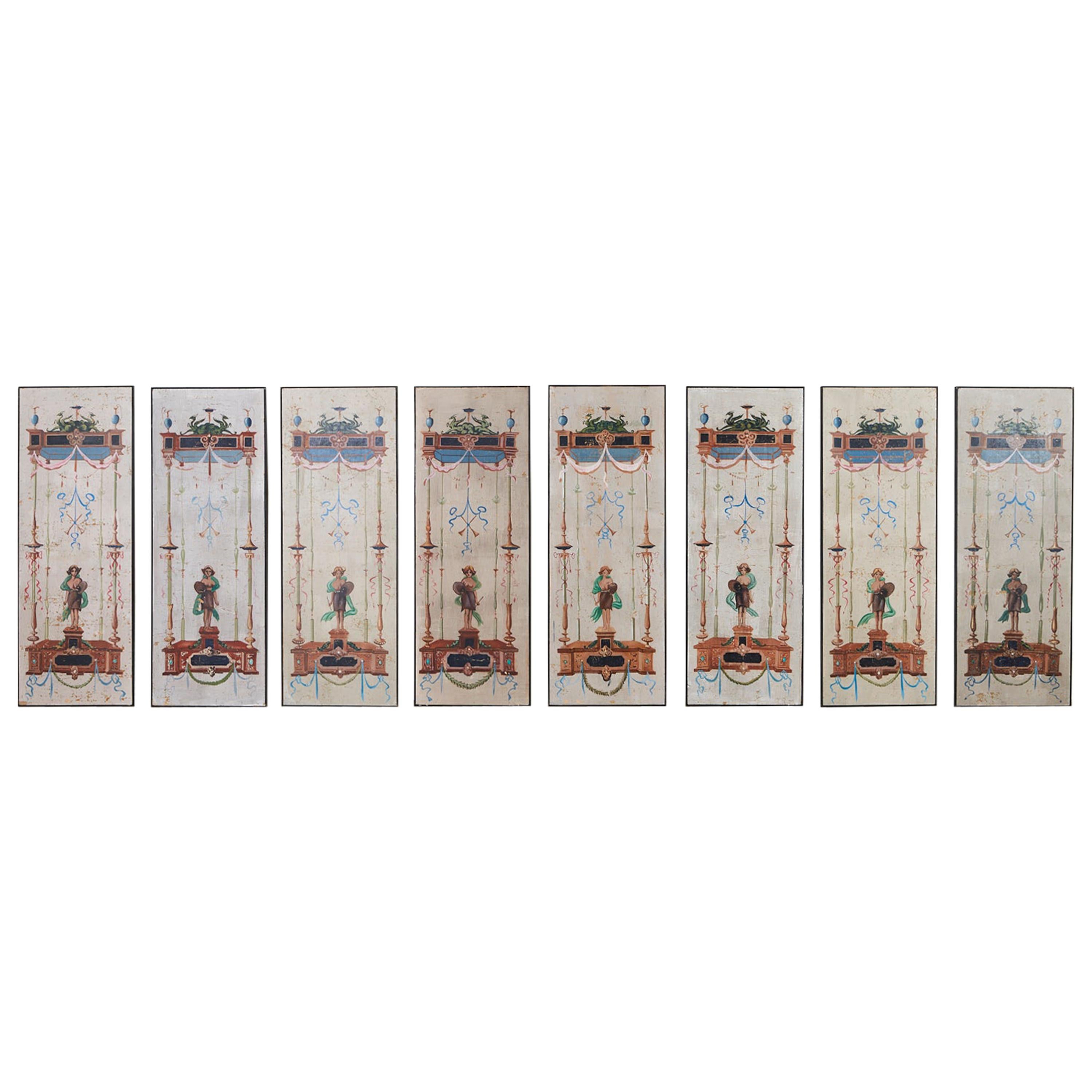 Set of Eight Neoclassical Pompeian Style Painted Wallpaper Panels