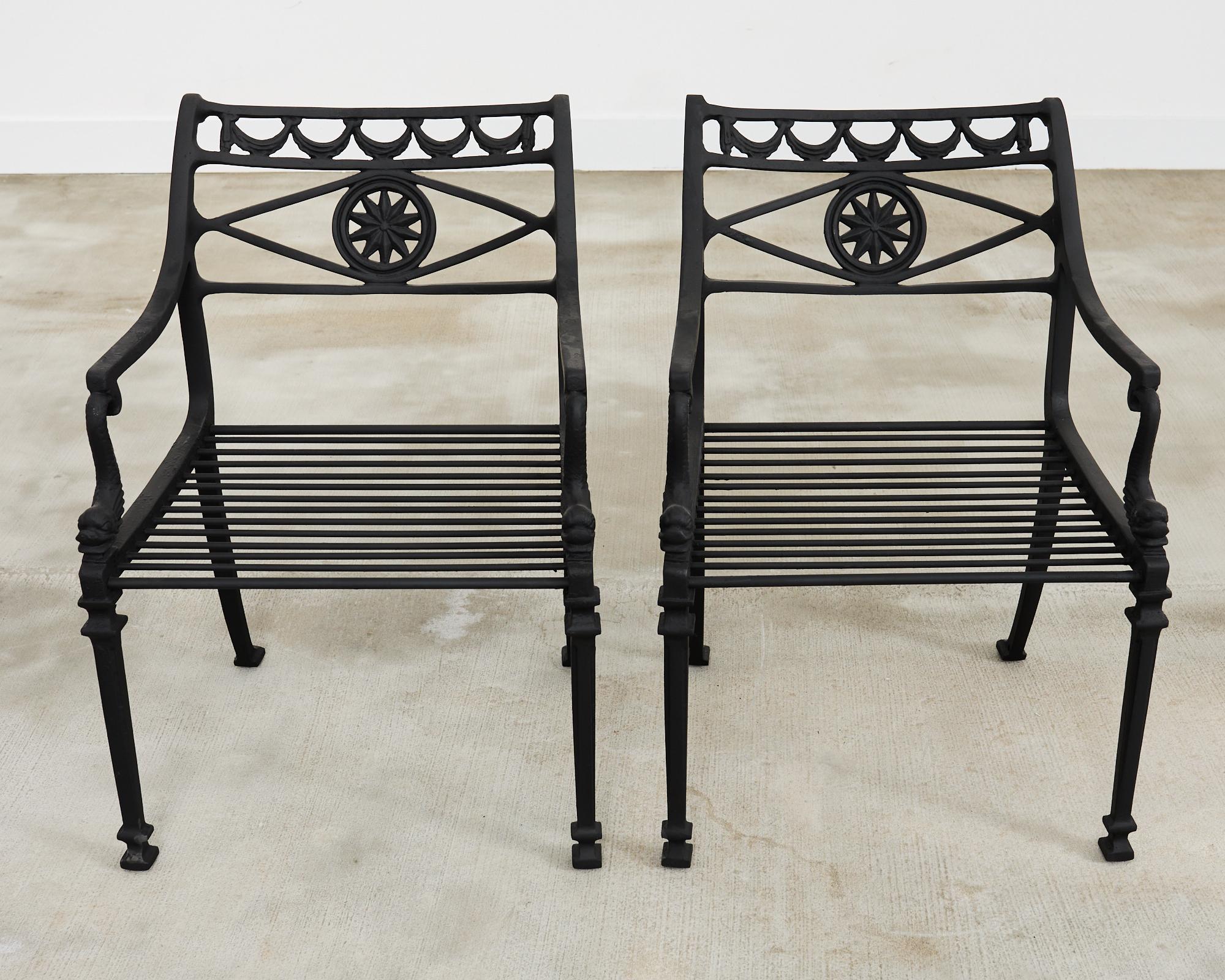 Aluminum Set of Eight Neoclassical Star and Dolphin Dining Armchairs