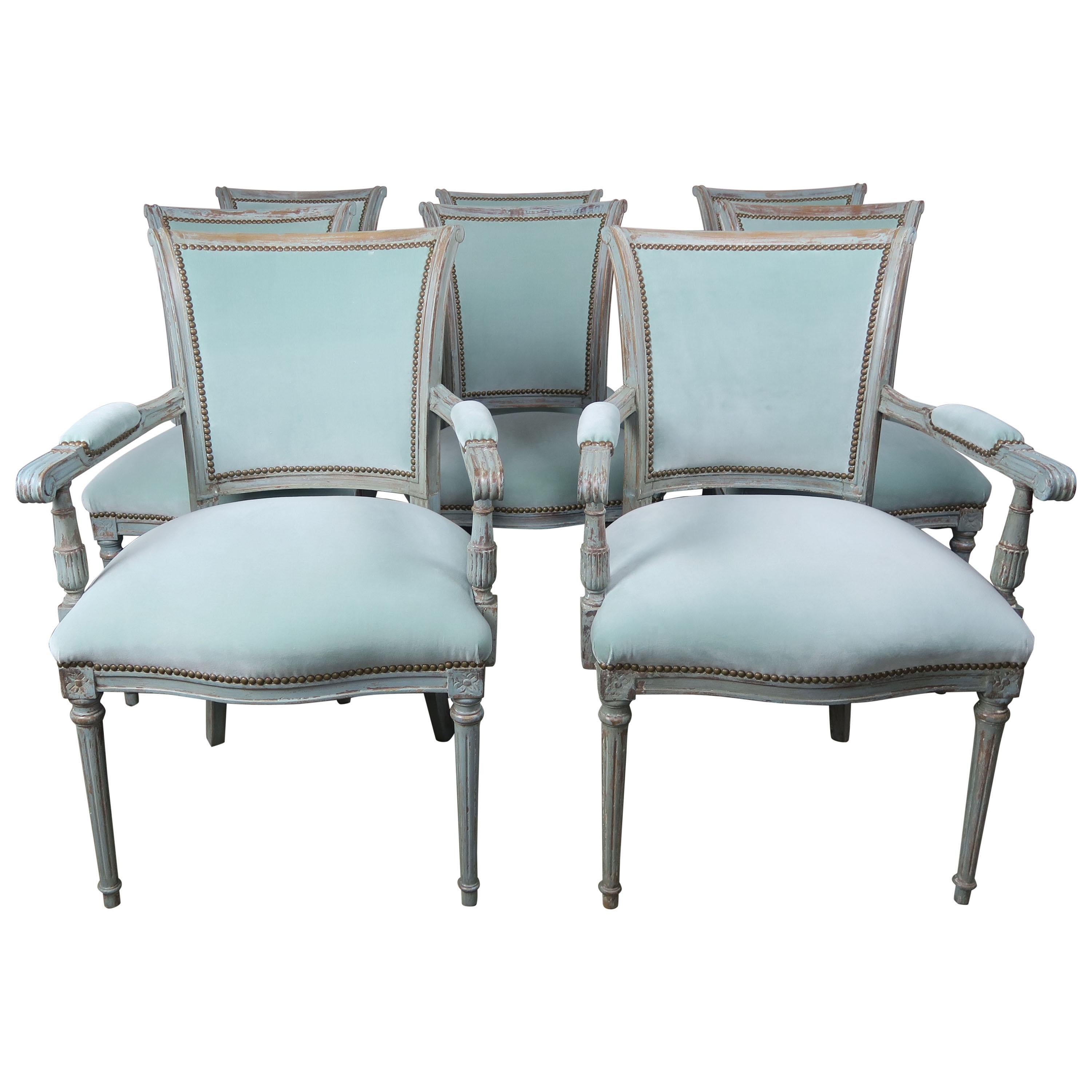 Set of Eight Neoclassical Style Velvet Upholstered Dining Chairs