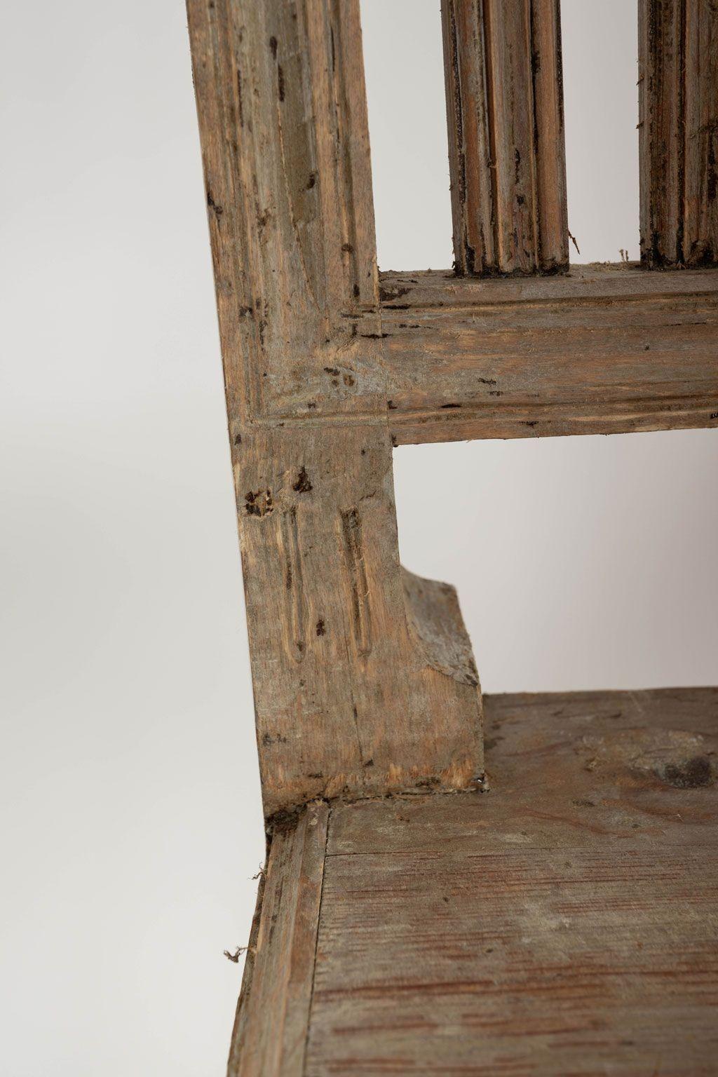 Set of eight neoclassical Swedish dining chairs circa 1825-1845. Hand-carved dining chairs hand-carved from pine in neoclassical style. Joined construction. Painted in a light green-gray wash. Sold together and priced $14,800 for the set.