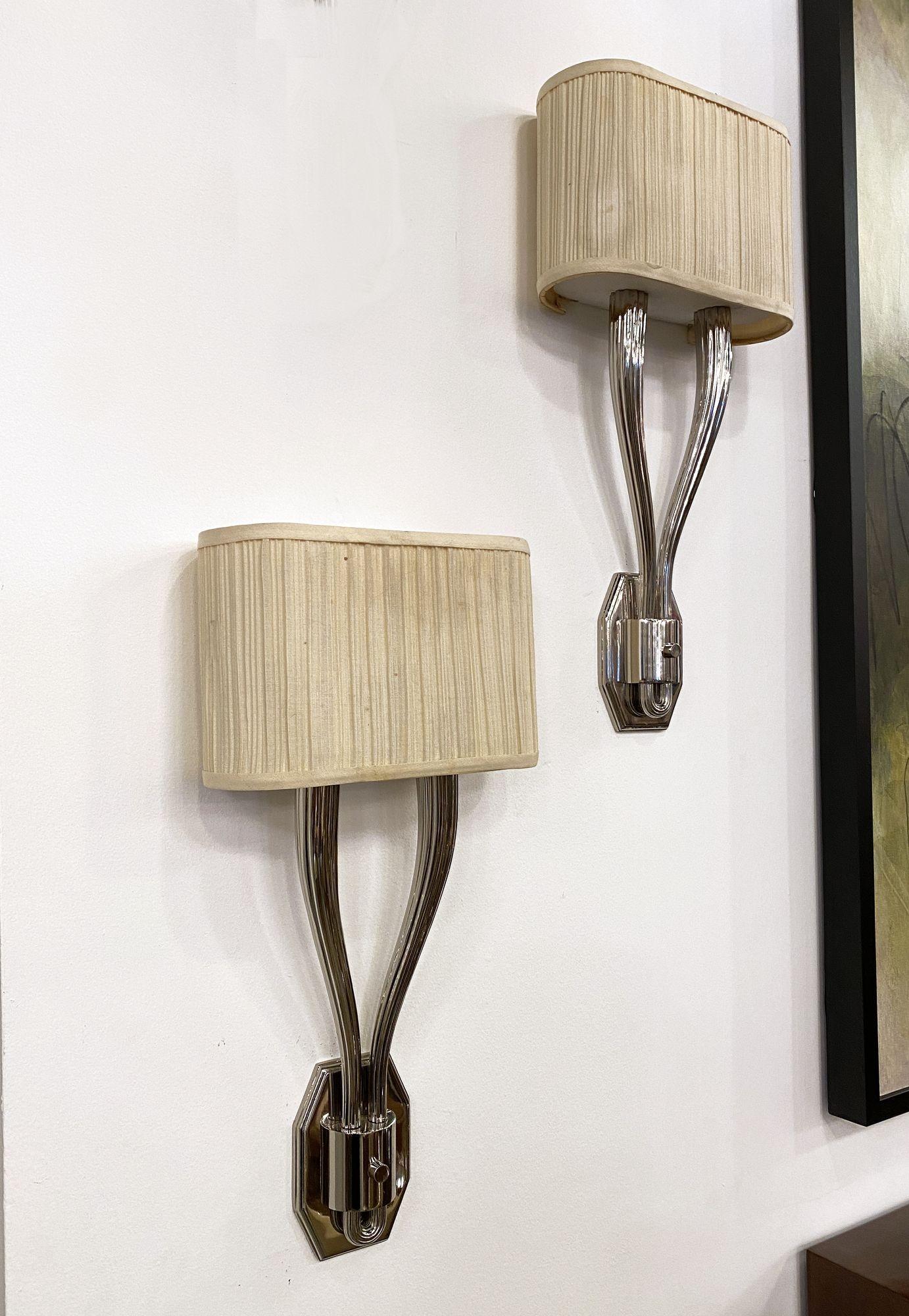 Mid-Century Modern Set of Four Nickel-Plated Two-Light Sconces, in the Manner of Ruhlman For Sale