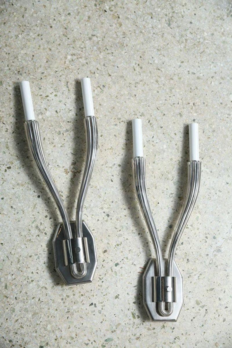 Set of Four Nickel-Plated Two-Light Sconces, in the Manner of Ruhlman In Excellent Condition For Sale In Hollywood, FL