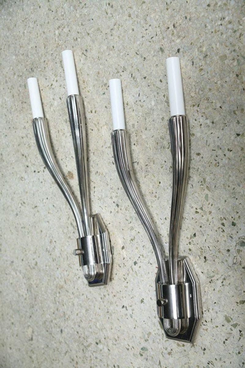 Mid-20th Century Set of Four Nickel-Plated Two-Light Sconces, in the Manner of Ruhlman For Sale