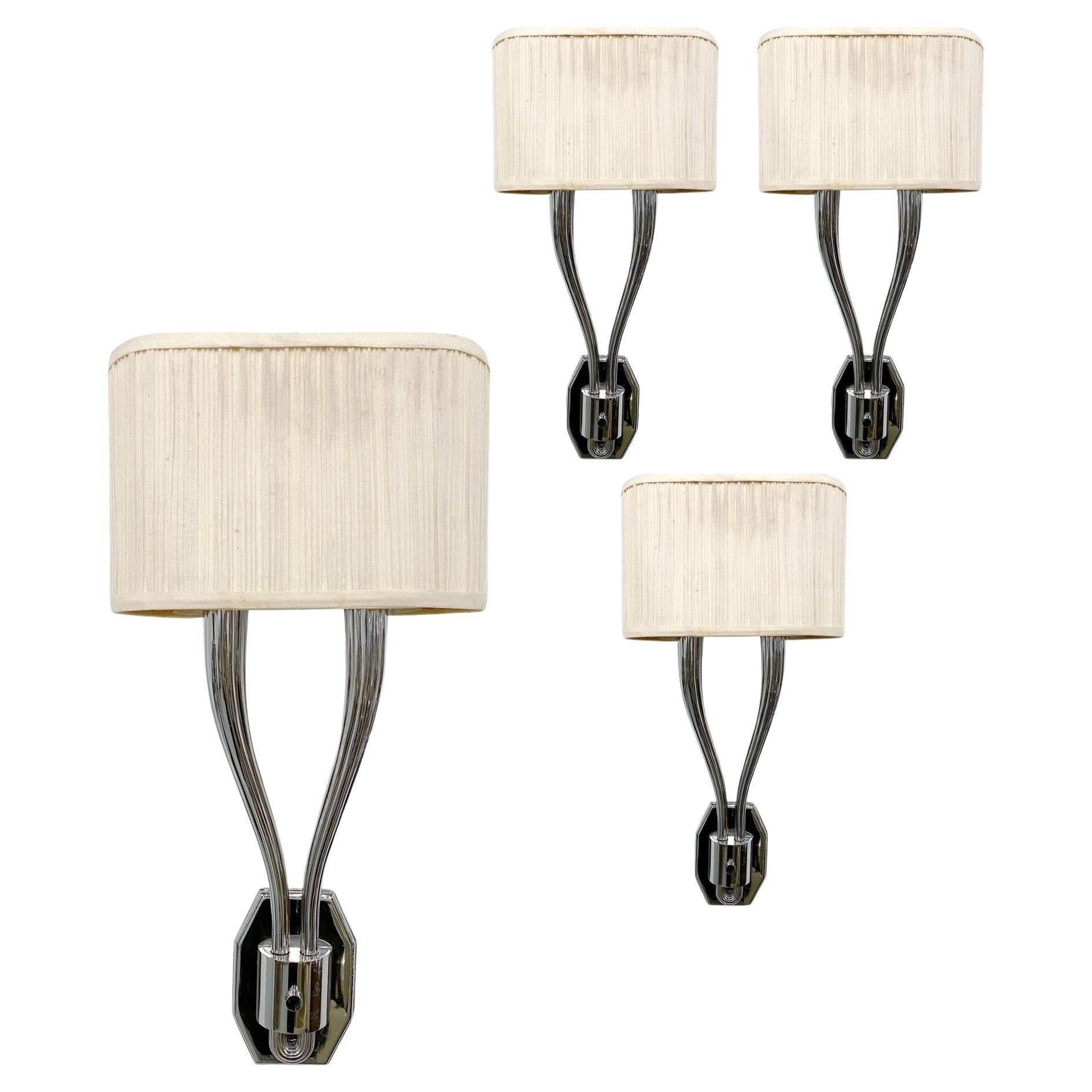 Set of Four Nickel-Plated Two-Light Sconces, in the Manner of Ruhlman For Sale