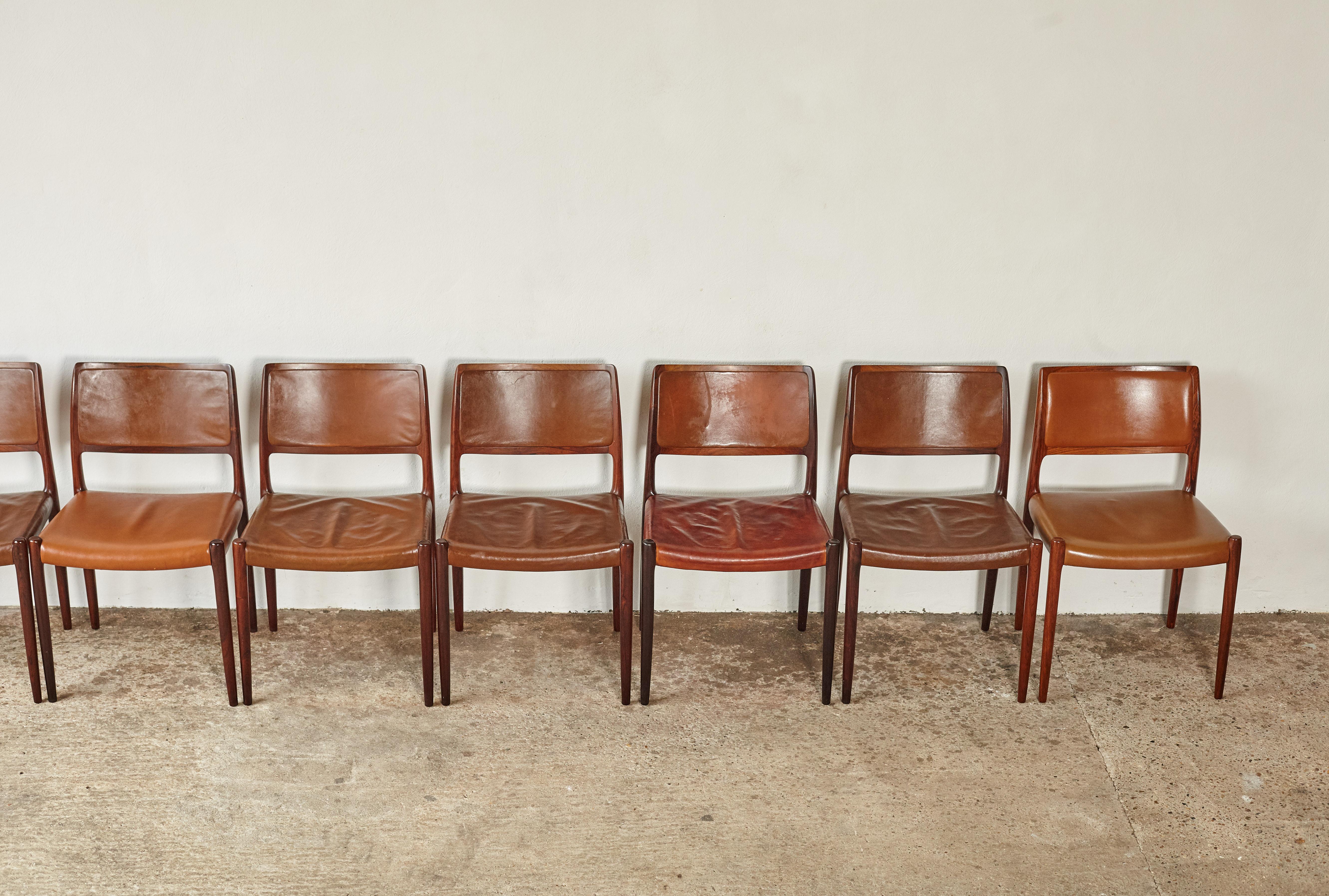 Leather Set of Eight Niels O. Møller Model 80 Dining Chairs, JL Moller, Denmark, 1960s