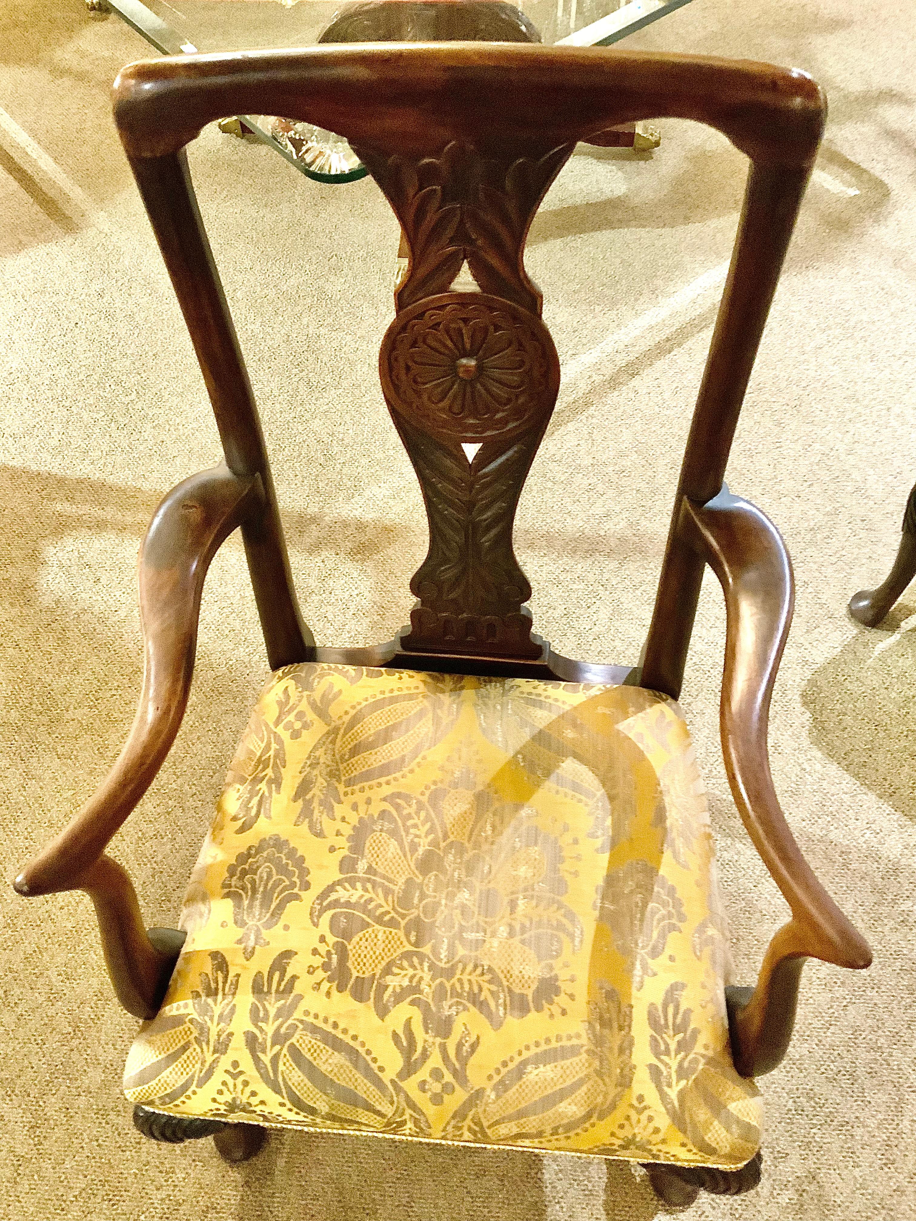These chairs are 19th century and have a great patina in a warm walnut
Color. All are tight and without any structural problems. They are comfortable 
And have a well padded seat with exceptional silk upholstery. No spots
Or discoloration. The