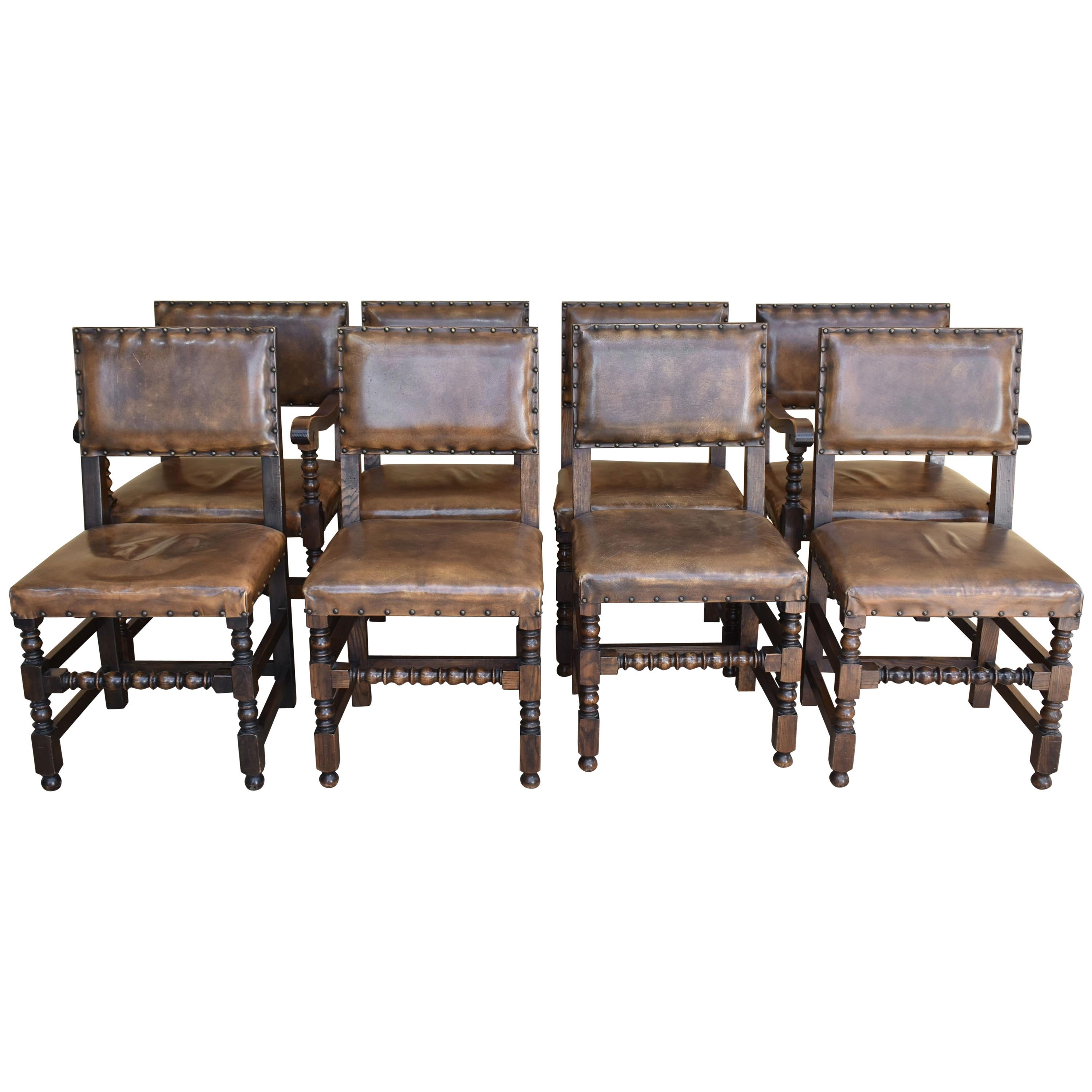 Set of Eight Oak Cromwellian Style Dining Chairs
