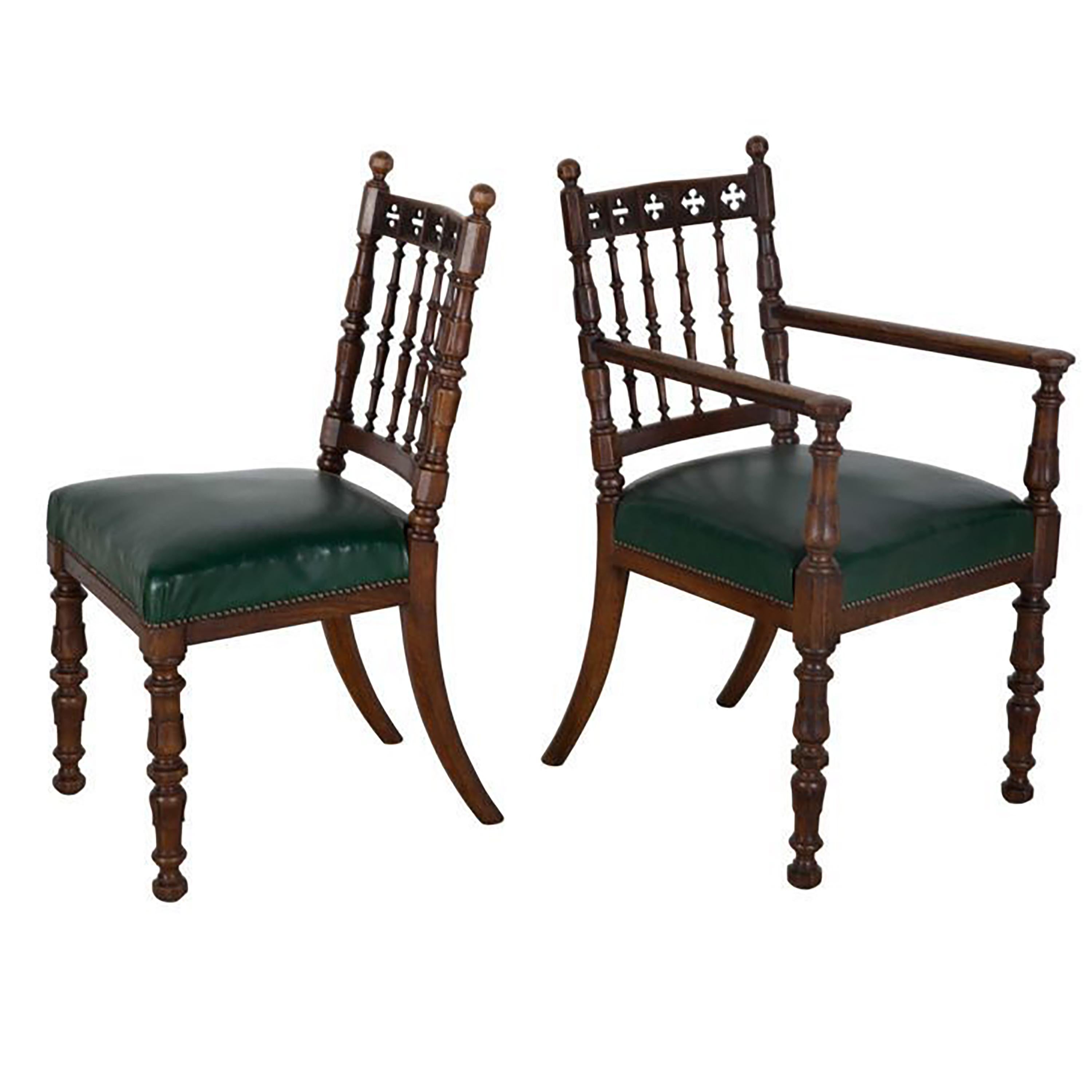 A set of eight 19th century oak dining chairs, with leather stuff over seats and carved quatrefoil top rails, these chairs and exceptional quality, the rake to the rear legs are wonderful. One carver chair made to match.