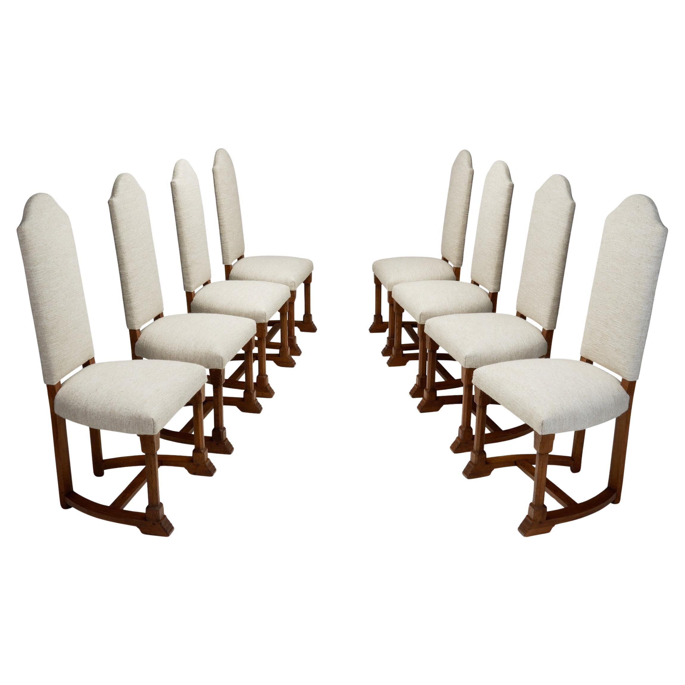 Set of Eight Oak Dining Chairs in Light Upholstery, Europe 20th Century