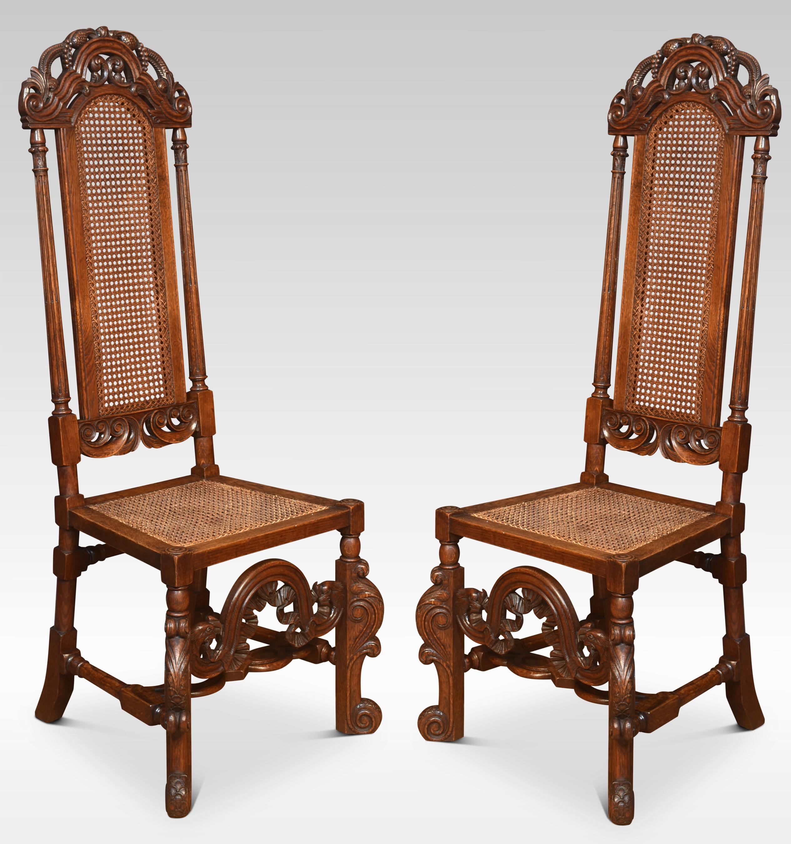 Set of eight oak high back dining chairs, with arched crest rails, cane back and sear all raised up on scroll carved legs united by stretchers.
Dimensions
Height 53.5 Inches height to seat 18 Inches
Width 21.5 Inches
Depth 21 Inches.