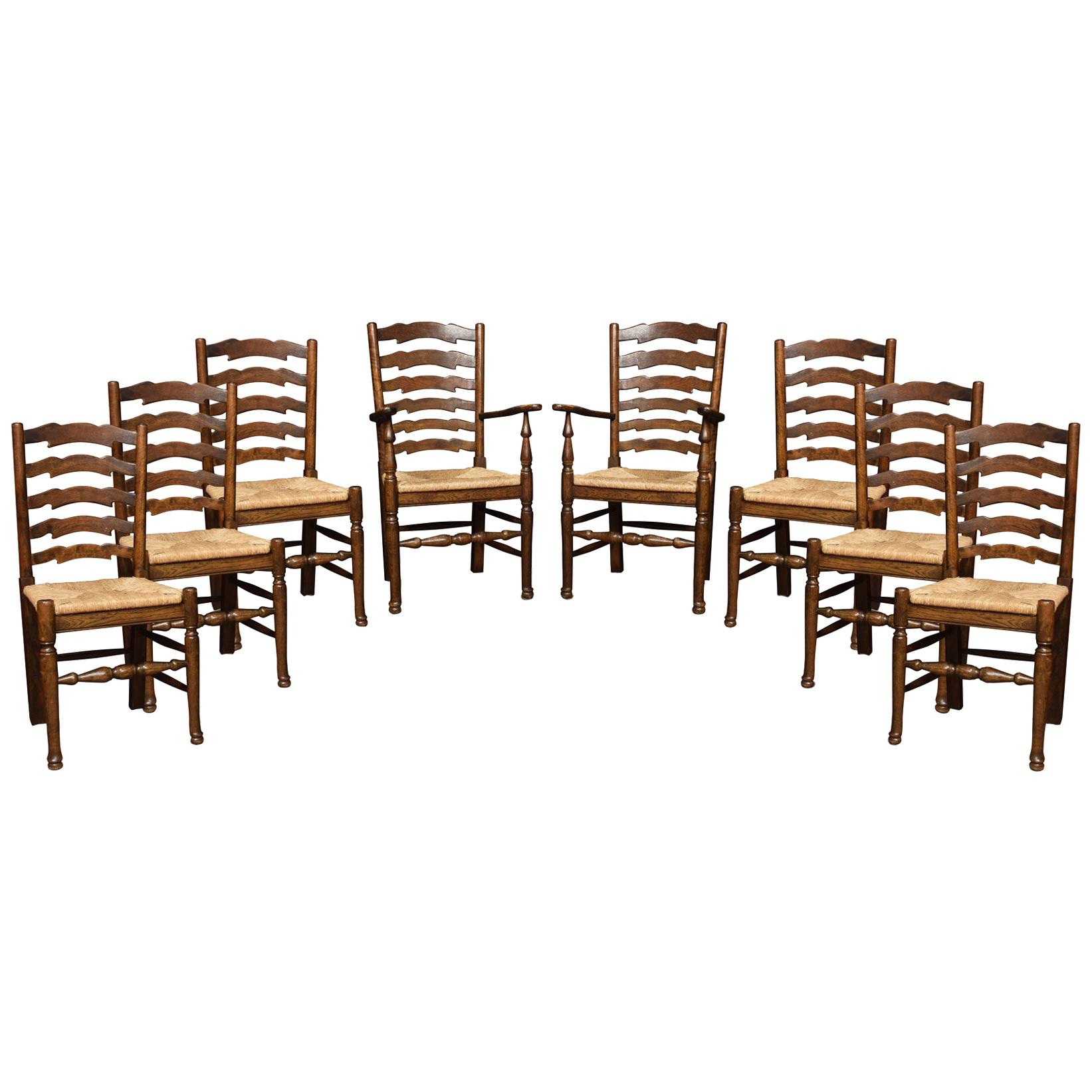 Set of Eight Oak Ladder Back Dining Chairs