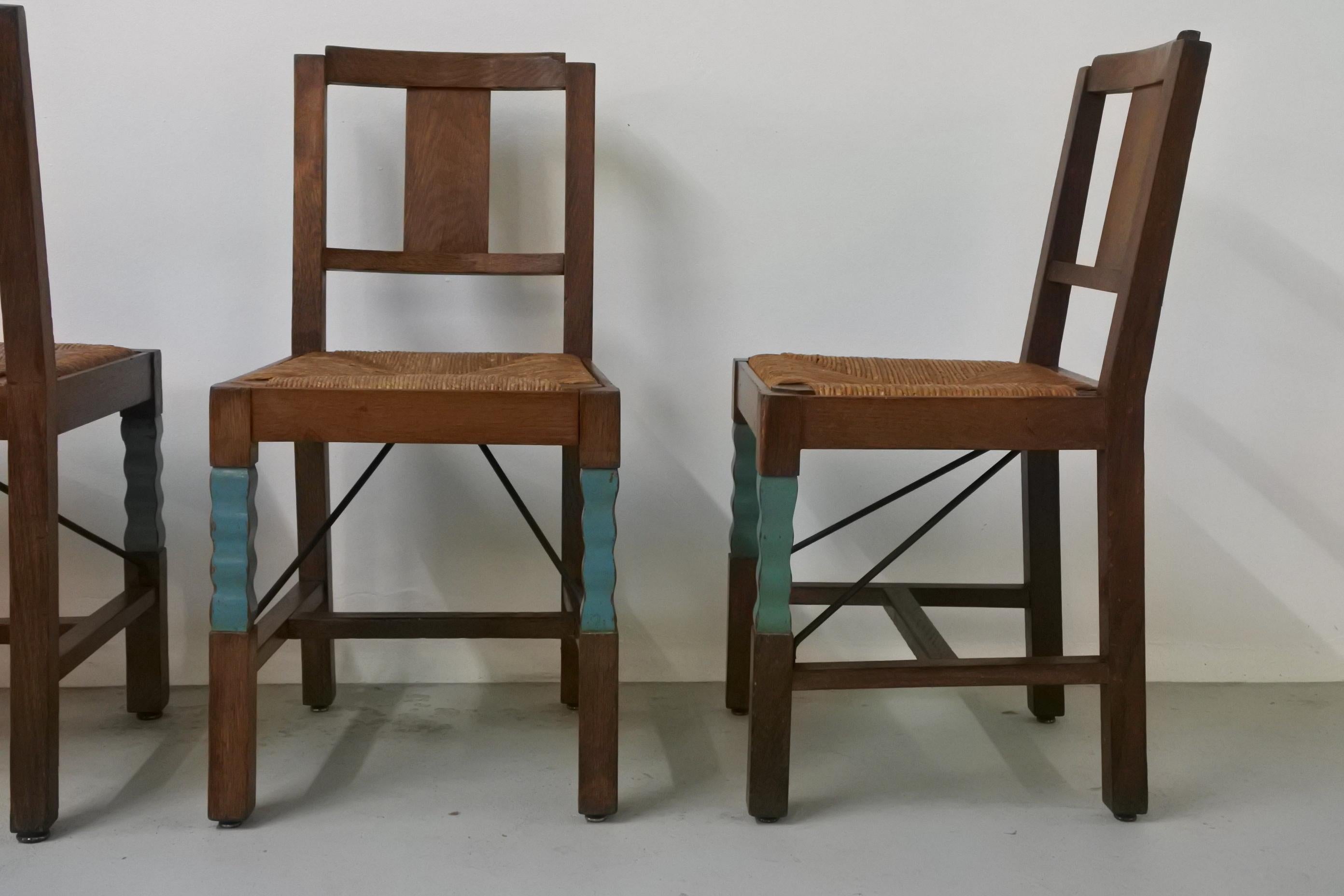 Set of Eight Oak Wood Dining Chairs in the Style of Joseph Savina, France, 1930s 5