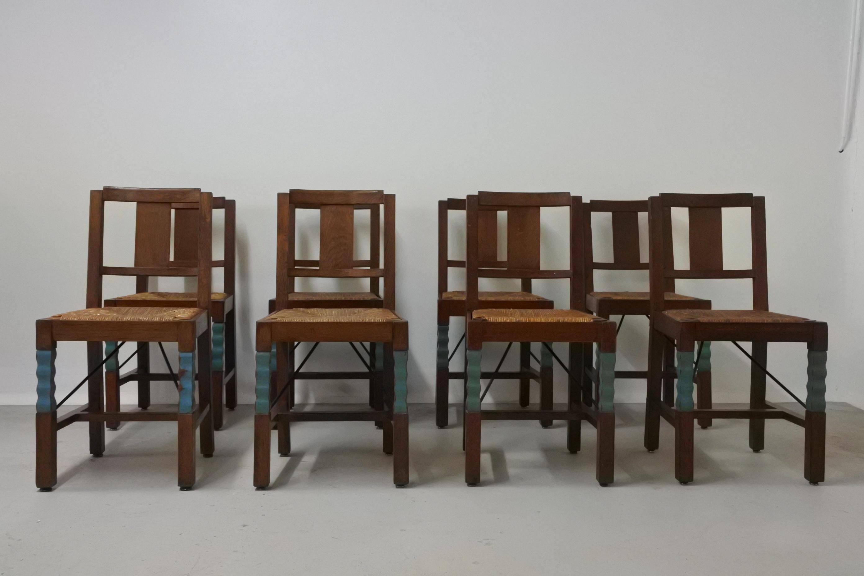 Set of Eight Oak Wood Dining Chairs in the Style of Joseph Savina, France, 1930s In Good Condition In La Teste De Buch, FR