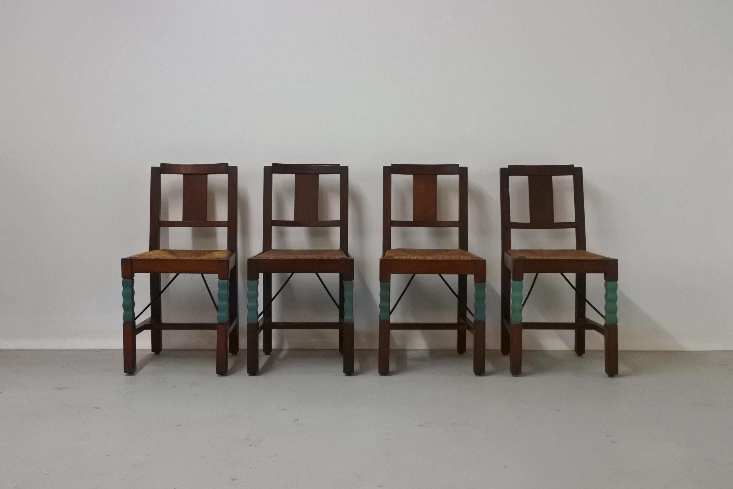 Mid-20th Century Set of Eight Oak Wood Dining Chairs in the Style of Joseph Savina, France, 1930s