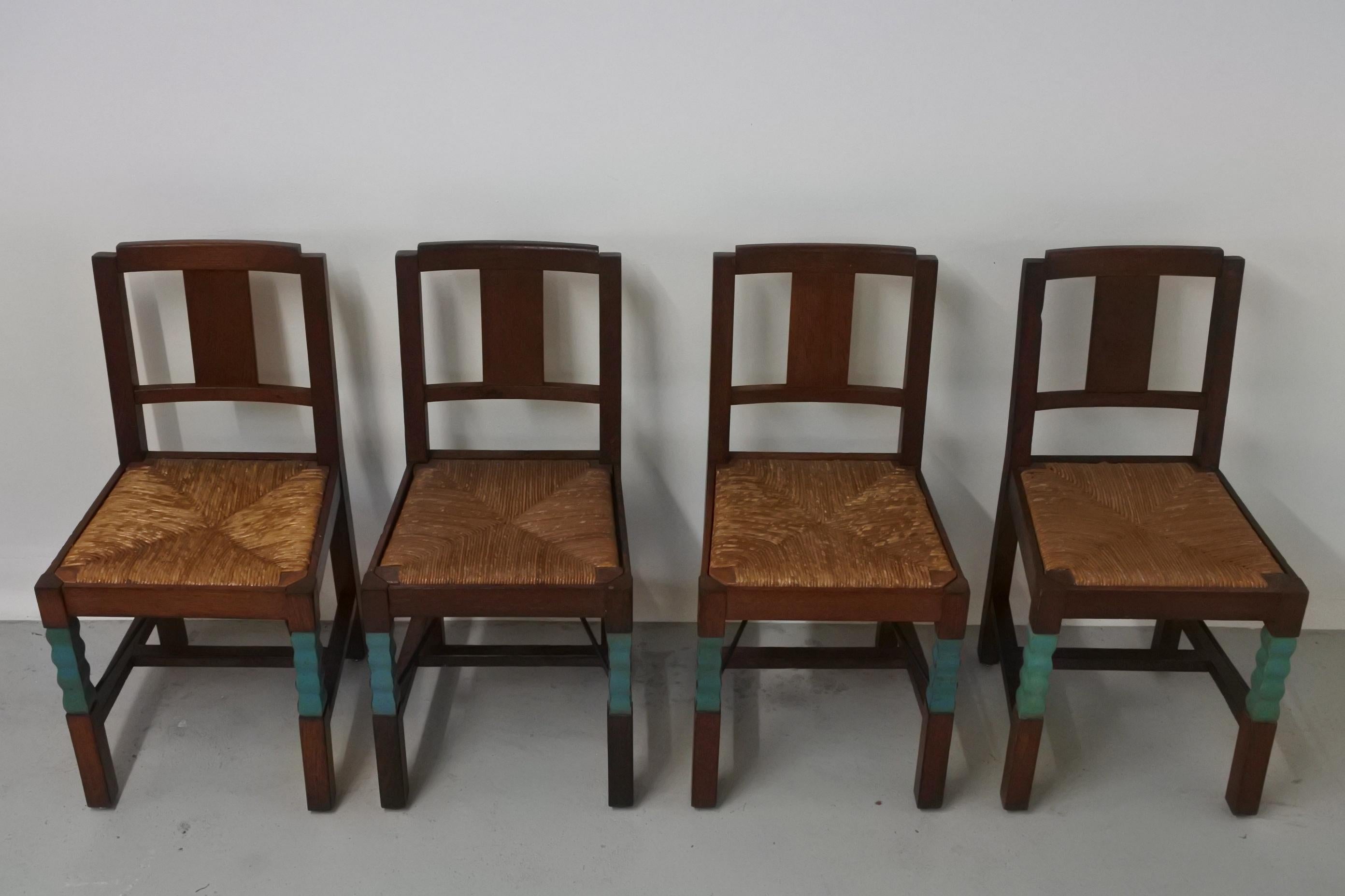 Rush Set of Eight Oak Wood Dining Chairs in the Style of Joseph Savina, France, 1930s
