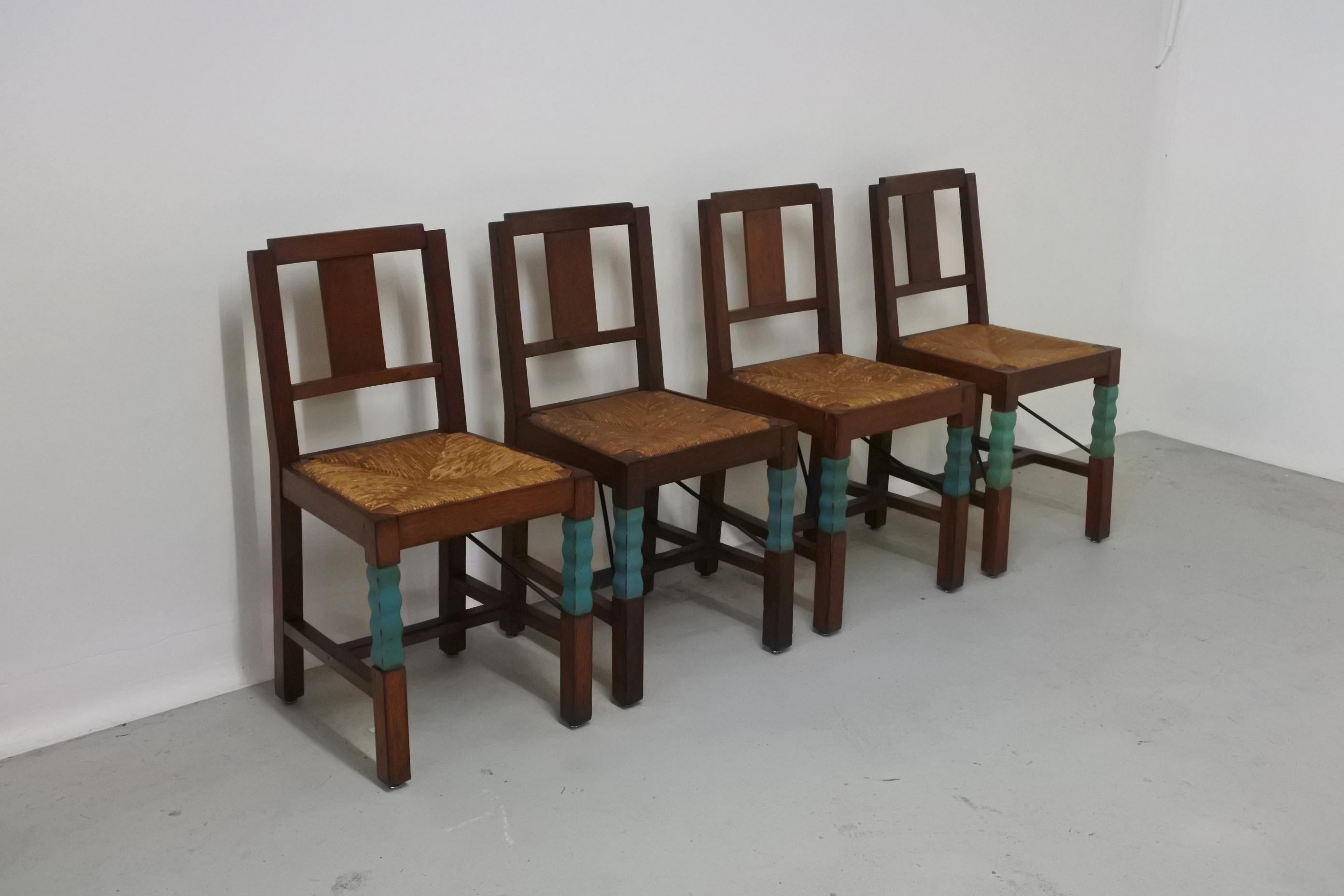 Set of Eight Oak Wood Dining Chairs in the Style of Joseph Savina, France, 1930s 1
