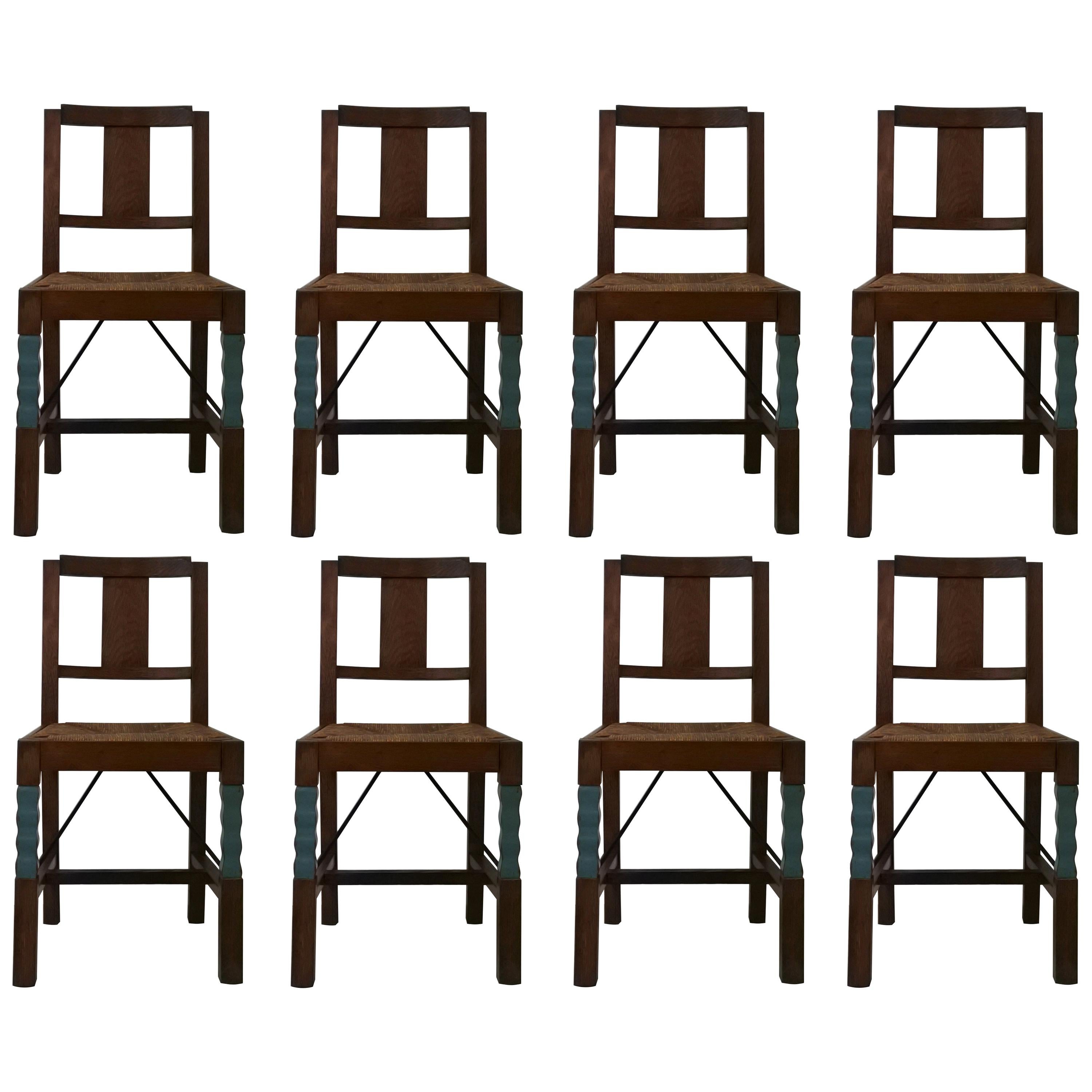 Set of Eight Oak Wood Dining Chairs in the Style of Joseph Savina, France, 1930s