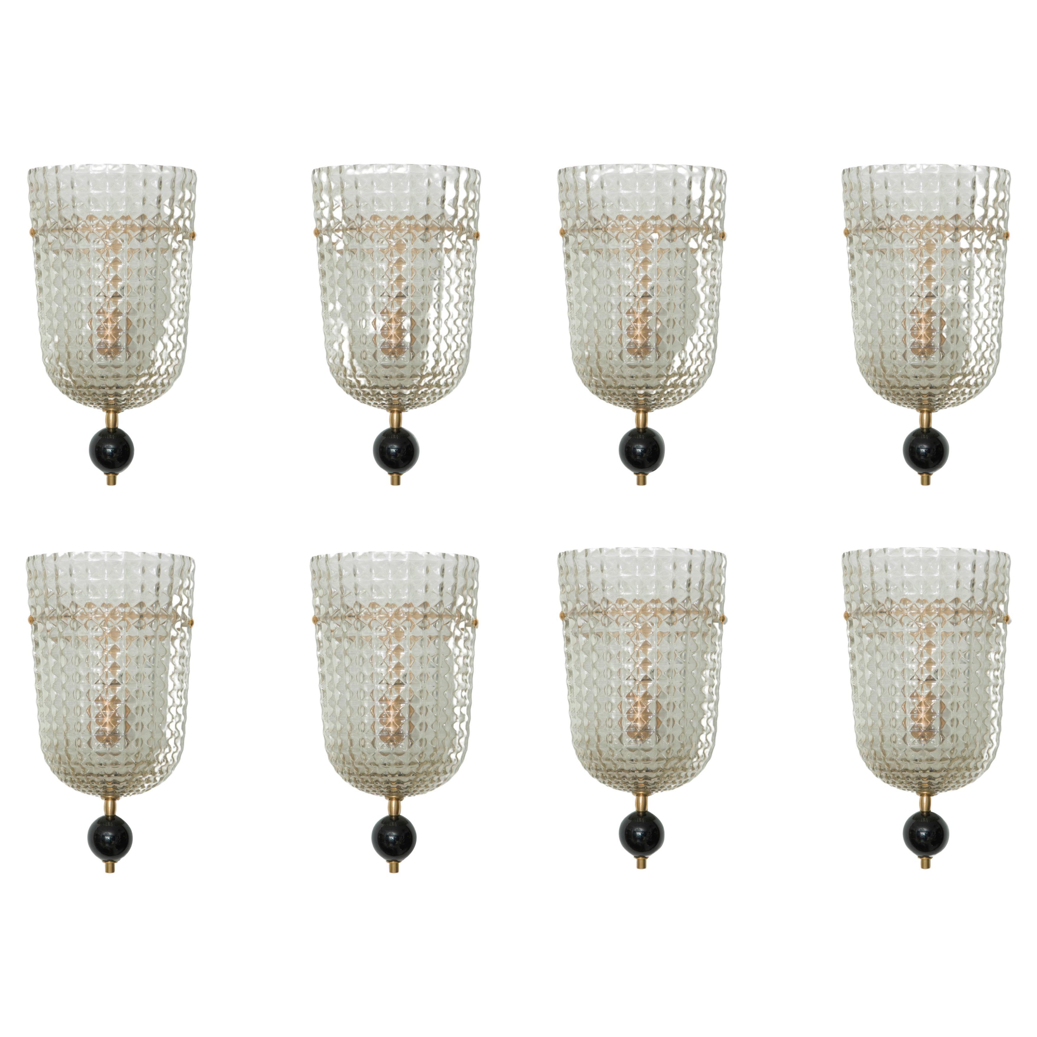 Set of Eight of Art Deco Style Murano Glass Demilune Wall Lights, in Stock For Sale