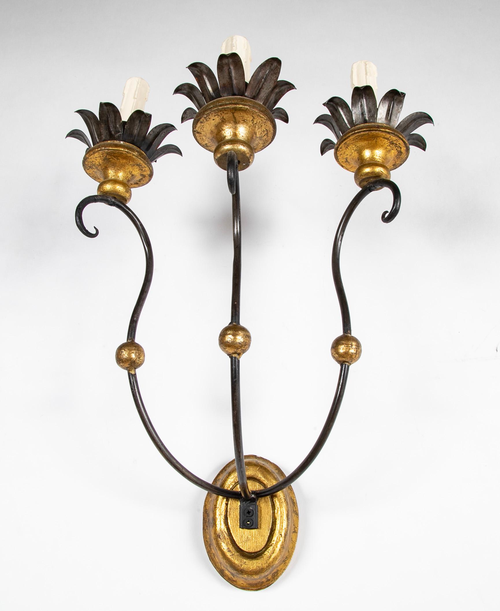 Set of Eight of Italian Iron Tole and Gilt Wood Sconces Priced per Pair For Sale 6