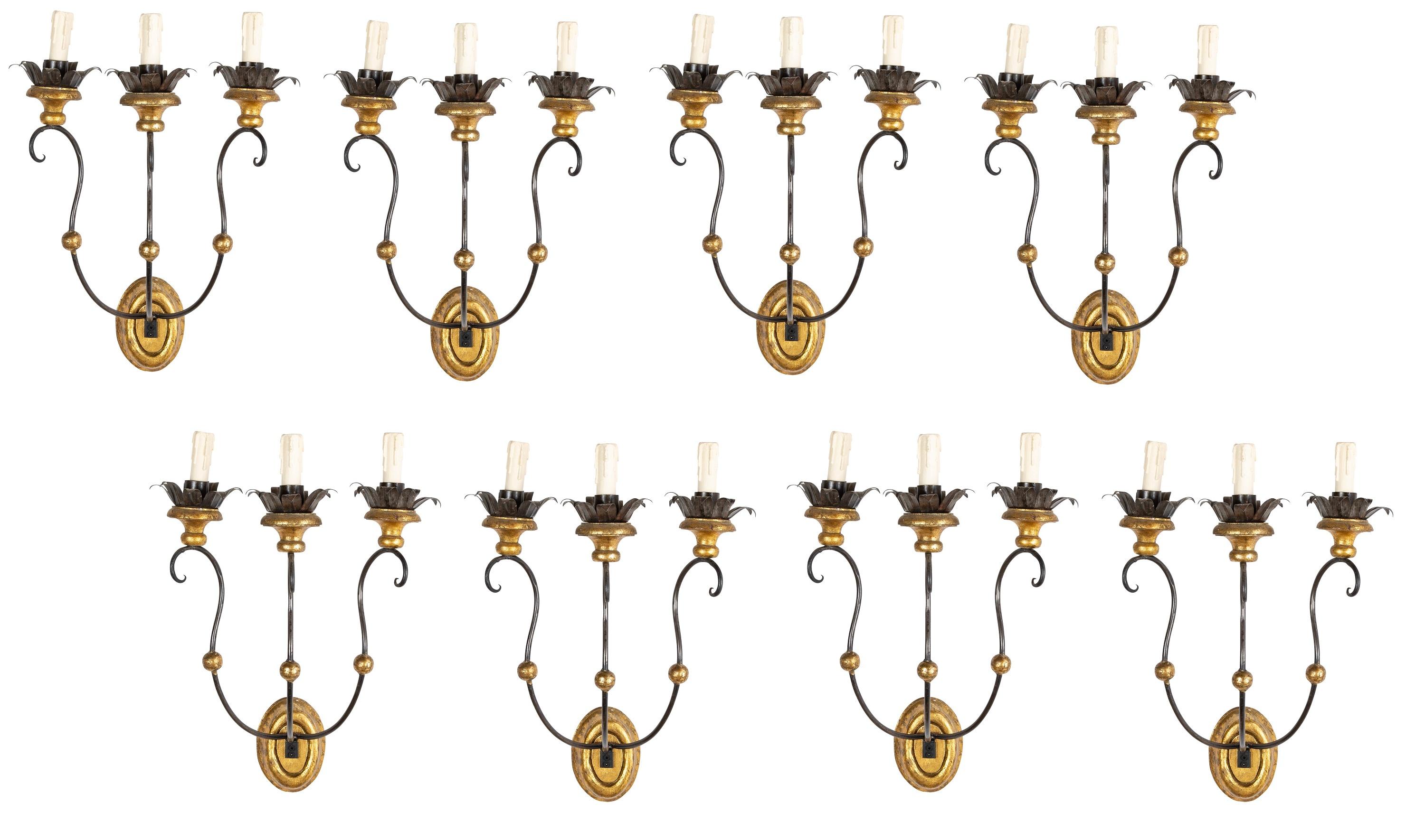 Set of Eight of Italian Iron Tole and Gilt Wood Sconces Priced per Pair For Sale 7