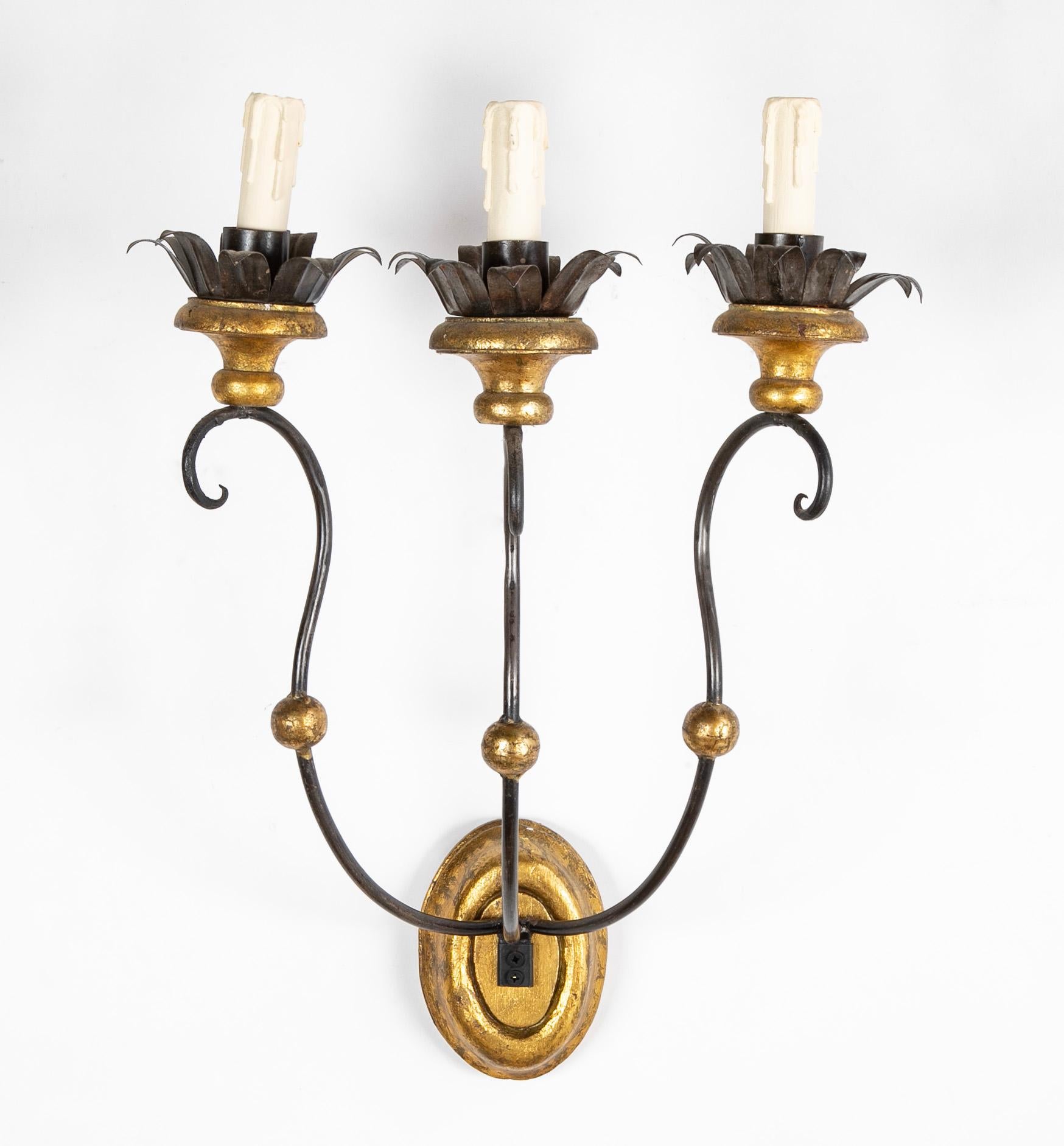 Set of Eight of Italian Iron Tole and Gilt Wood Sconces Priced per Pair In Good Condition For Sale In Stamford, CT