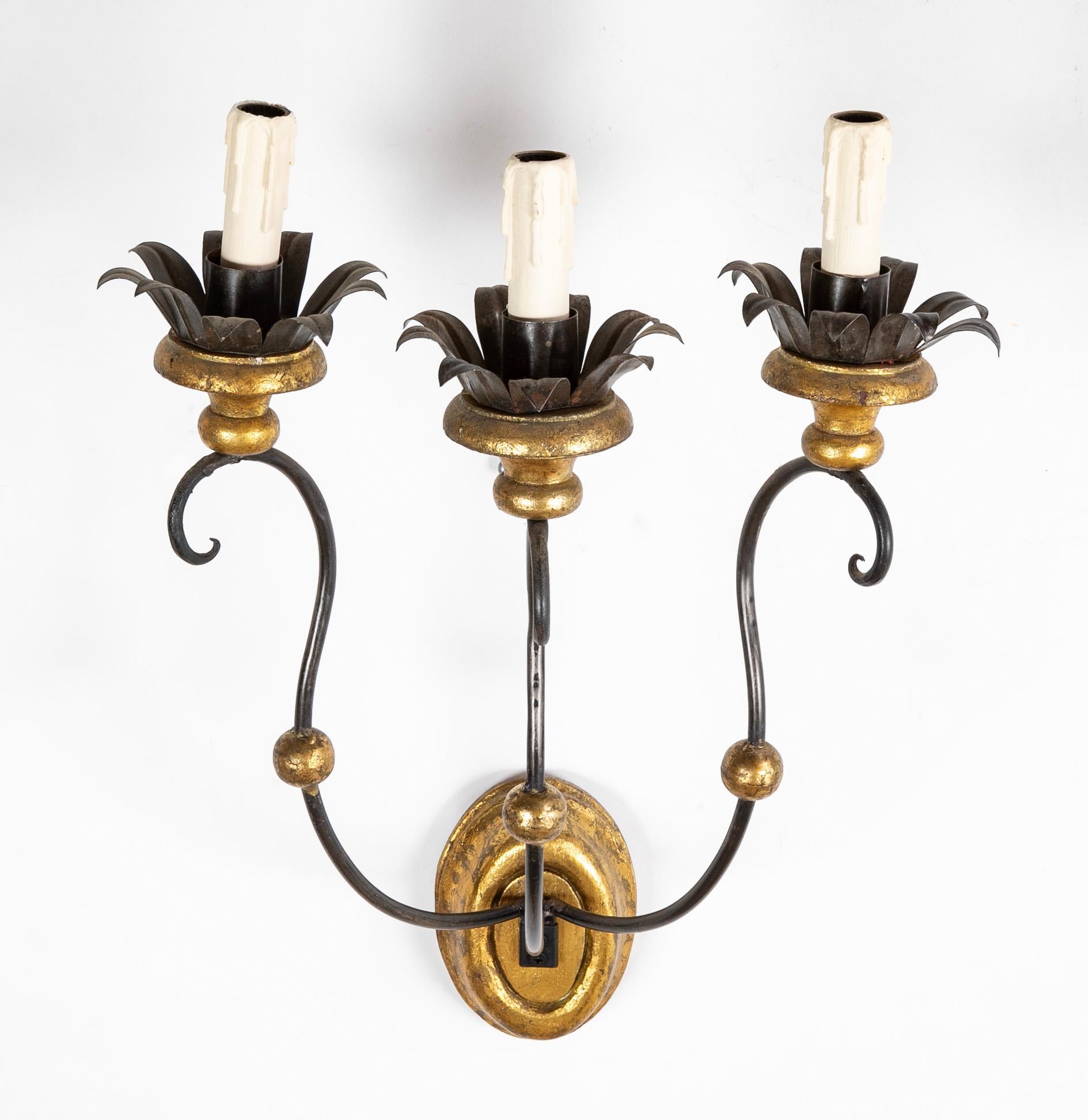 Early 20th Century Set of Eight of Italian Iron Tole and Gilt Wood Sconces Priced per Pair For Sale
