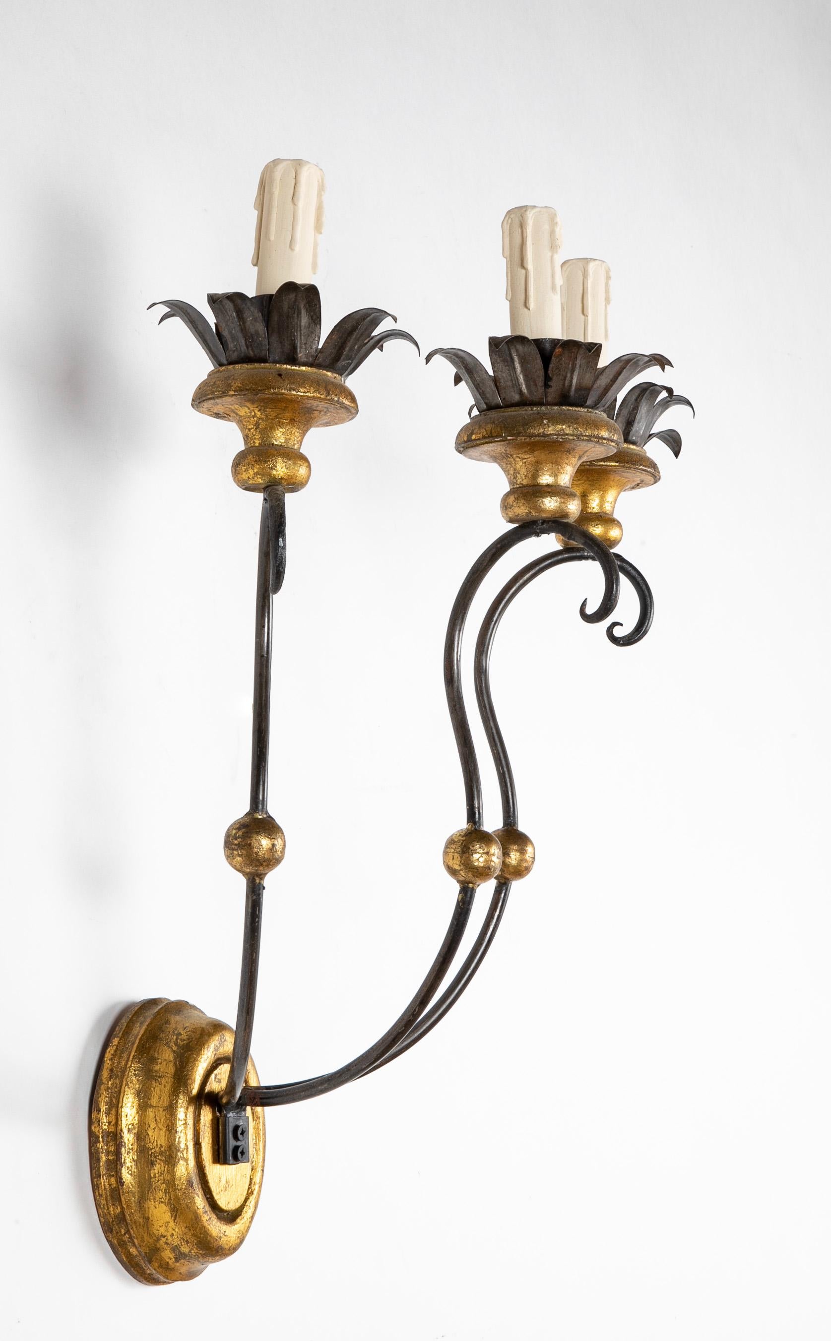 Set of Eight of Italian Iron Tole and Gilt Wood Sconces Priced per Pair For Sale 5