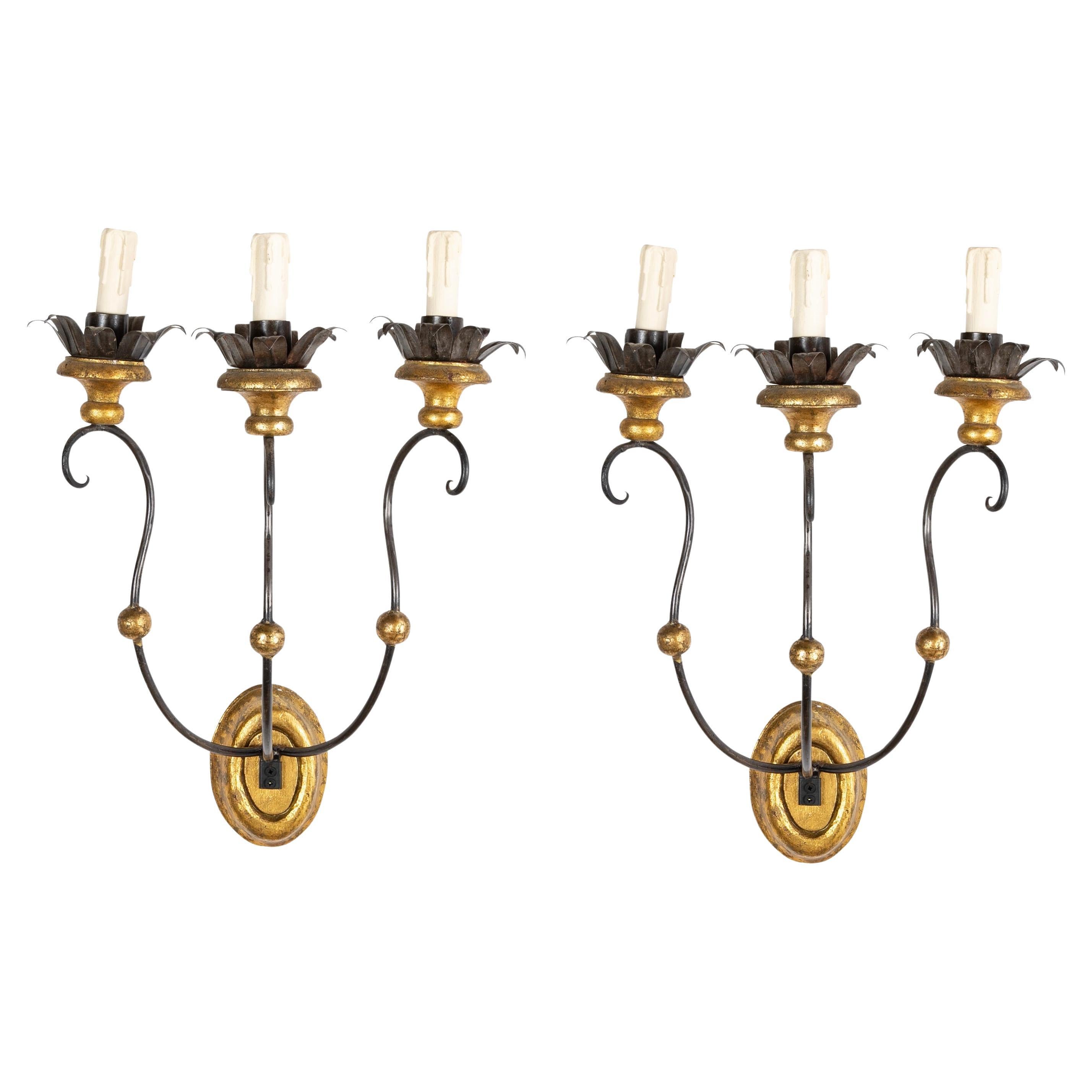 Set of Eight of Italian Iron Tole and Gilt Wood Sconces Priced per Pair For Sale