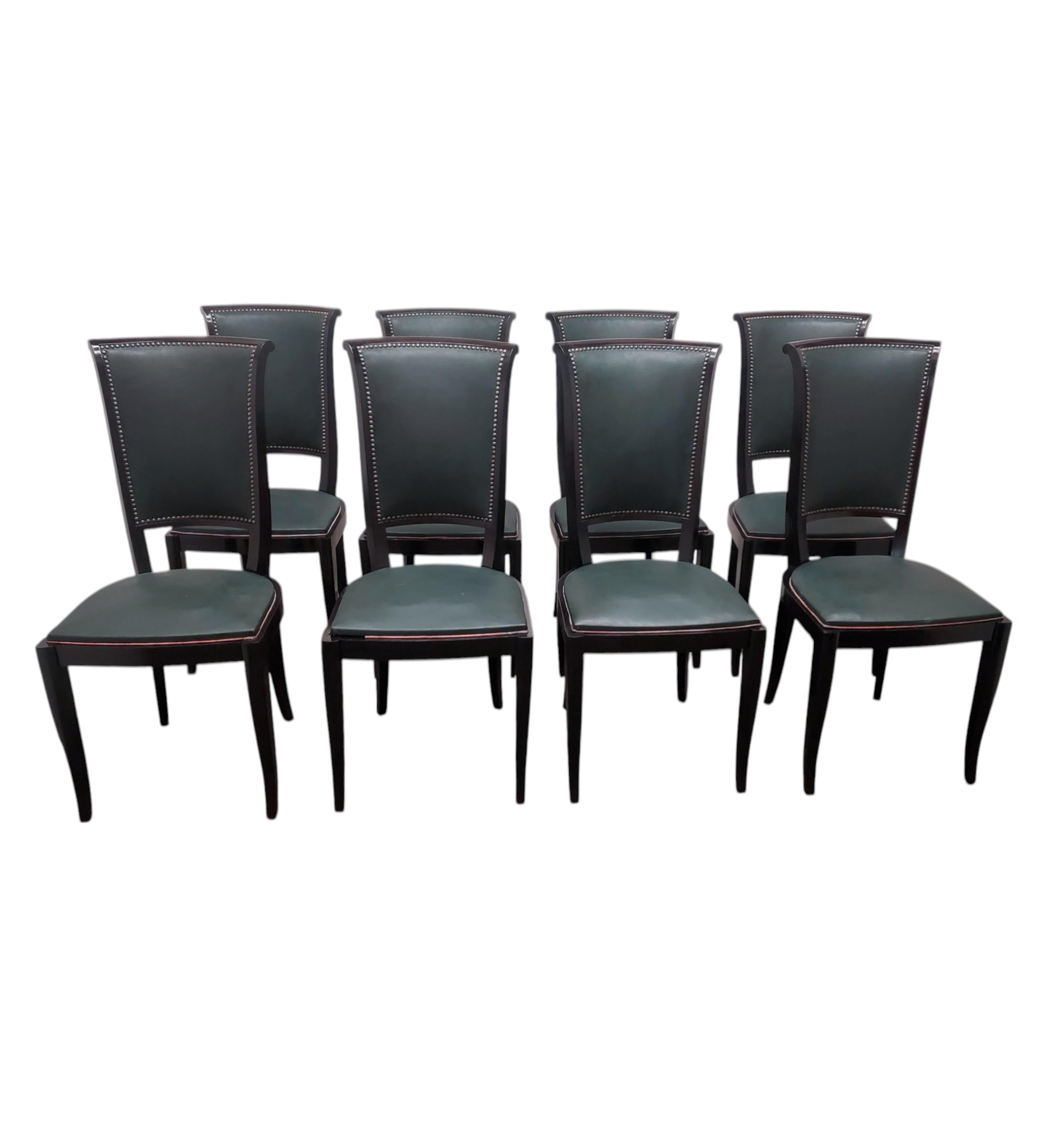 Set of eight original French ebonized wood dining room chairs- Saint Etienne For Sale 7