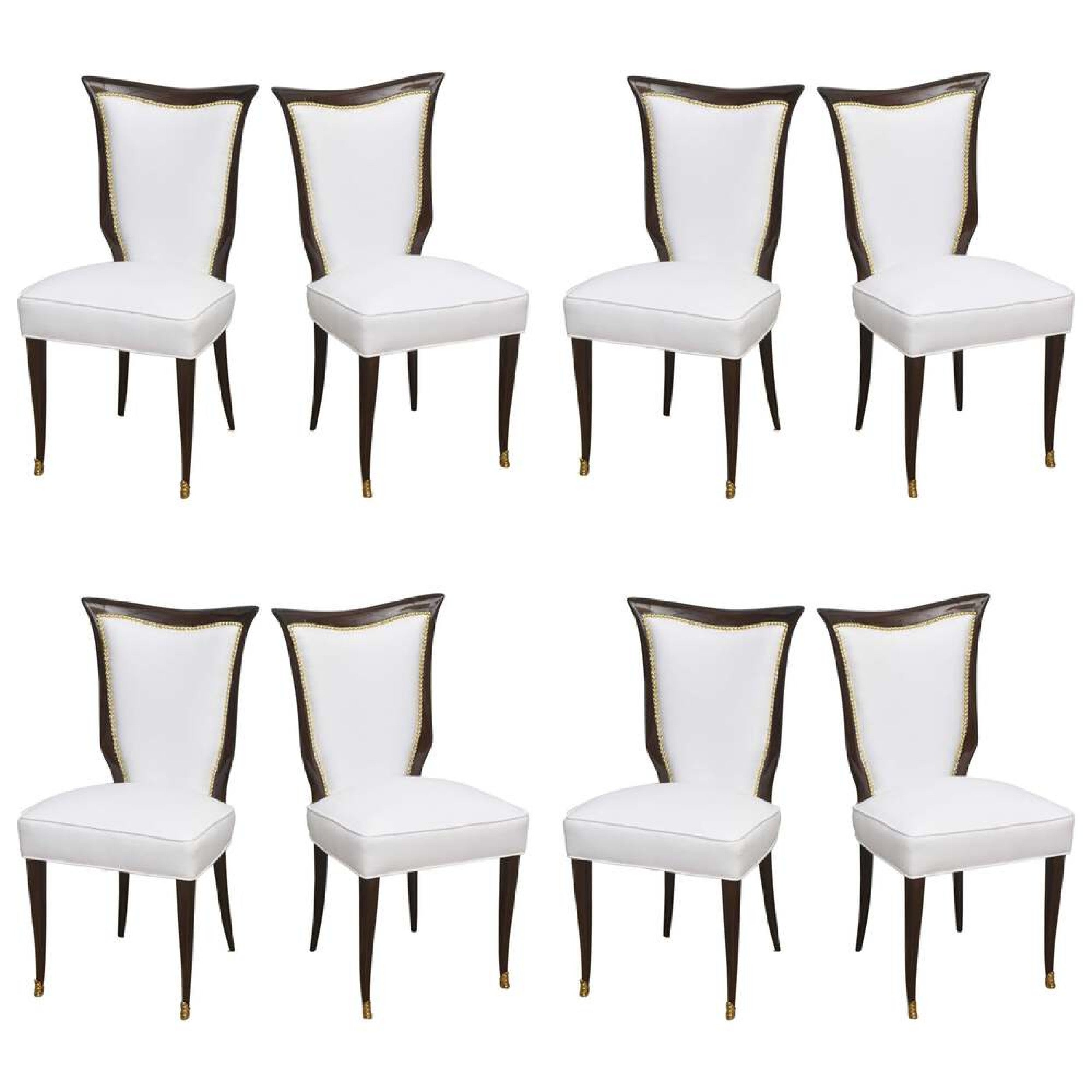 Set of Eight Osvaldo Borsani Italian Modern Mahogany and Brass Dining Chairs
