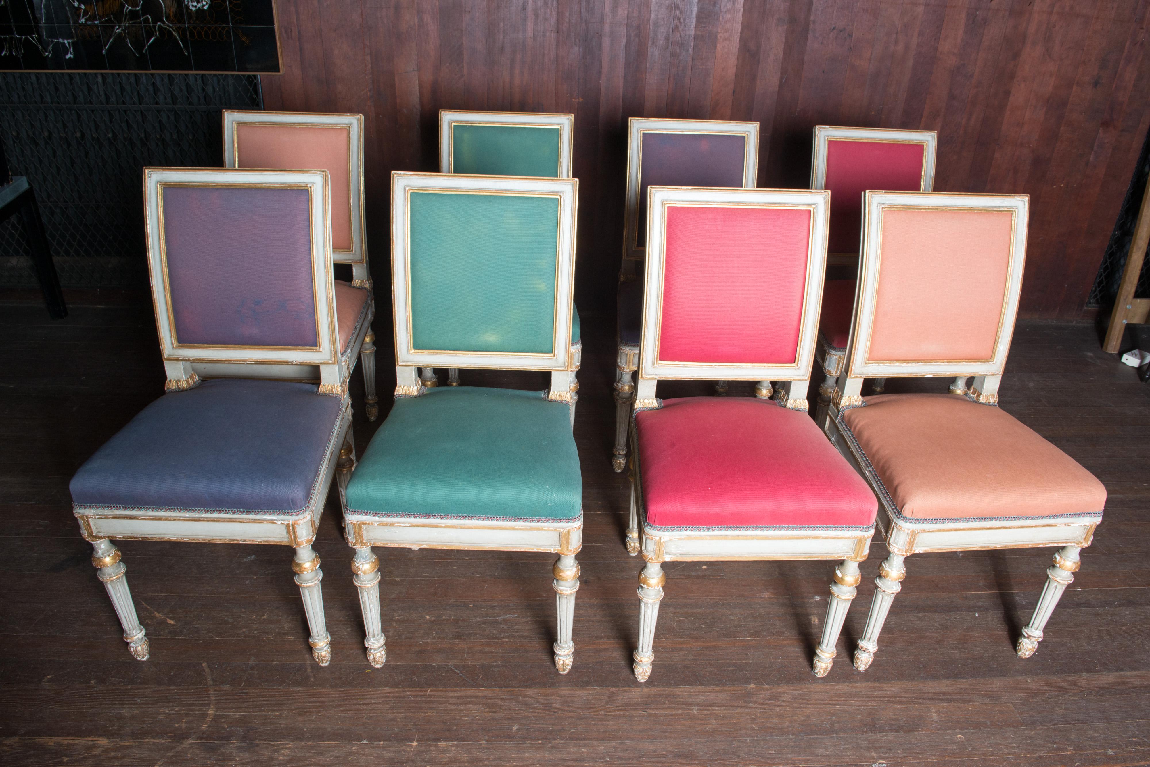 Set of eight armless Italian dining chairs, gilt and pale grey finish. Fabric has spots but is not worn and is useable.
