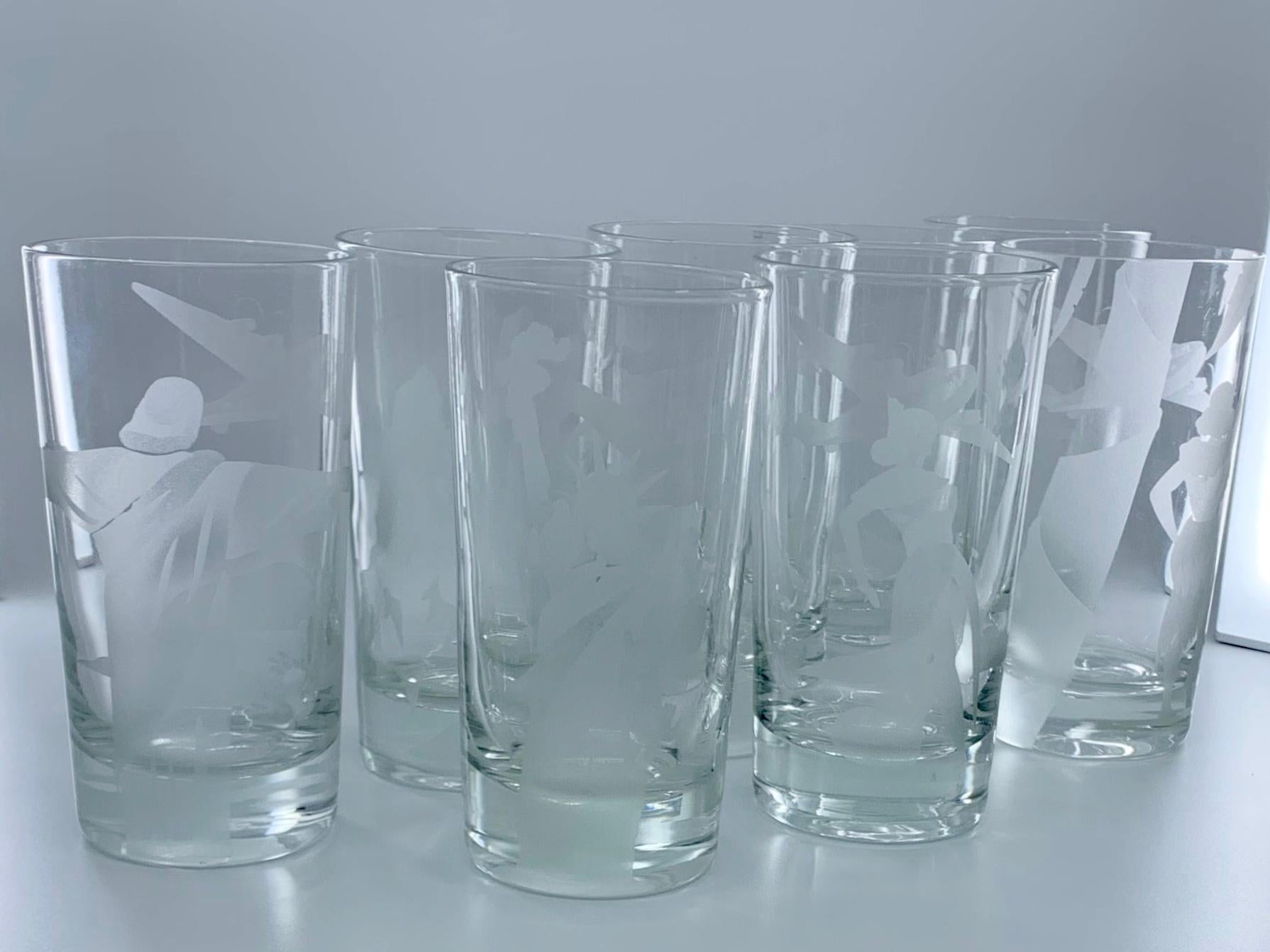 Set of eight Pan Am destination glasses. Eight uniquely etched vintage highball glasses touting Pan American Airlines new Clipper-Ship flights featuring New York, Mexico, Honolulu, Alaska, Rio de Jeneiro, Peking, Peru & The Azores. Pan Am's