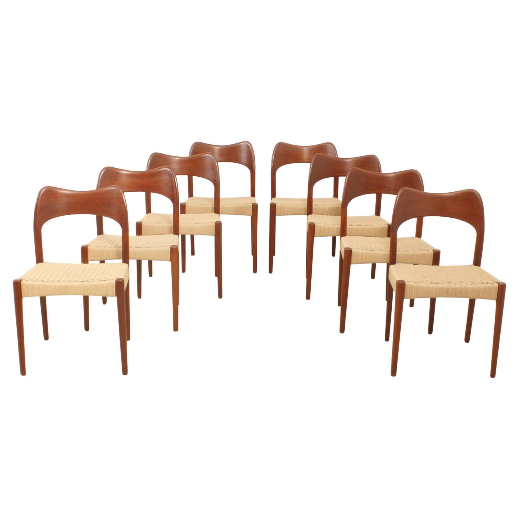 Set of Eight Papercord Dining Chairs by Arne Hovmand Olsen, Denmark, 1960's