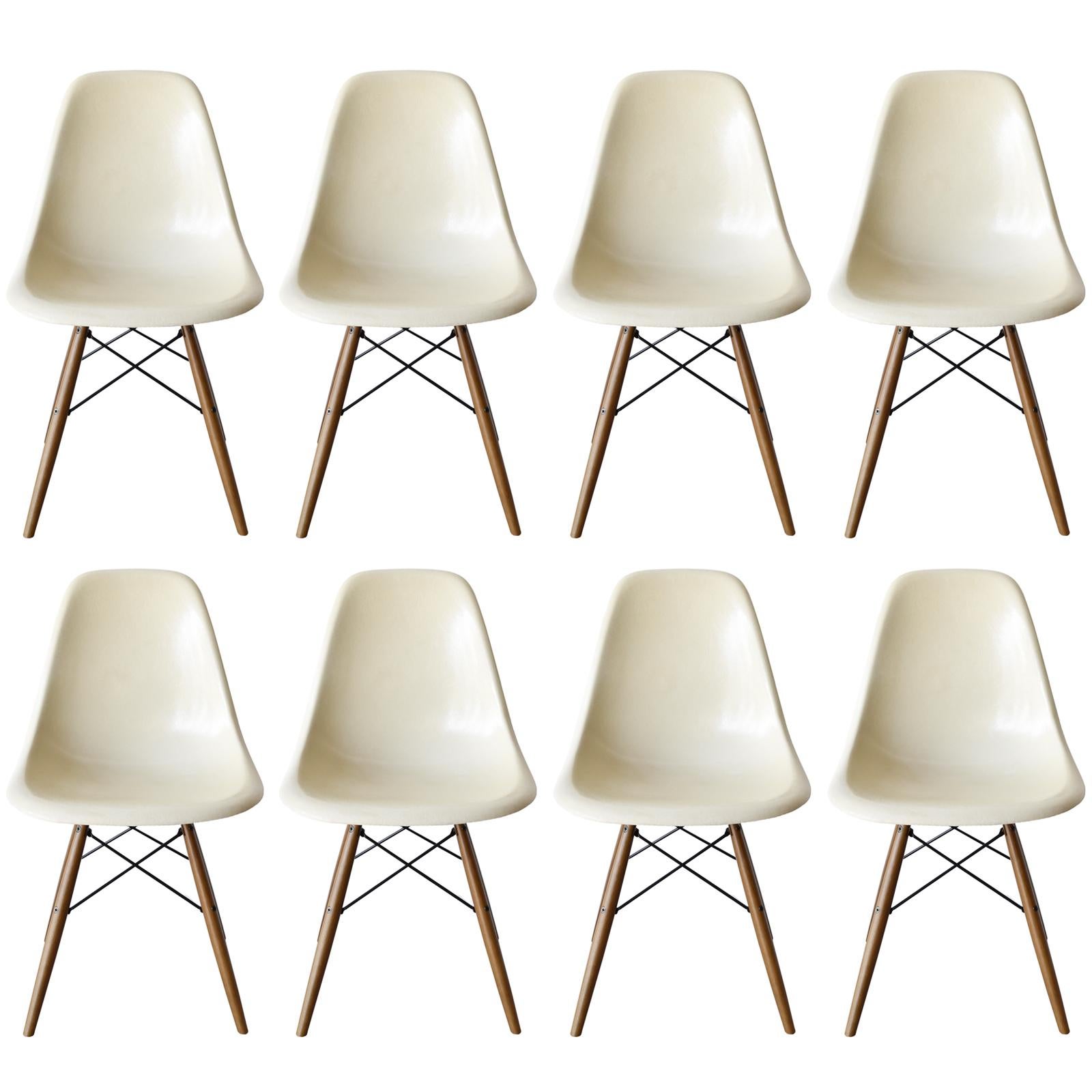 Set of eight Parchment Eames DSW dining chairs Herman Miller - Anne