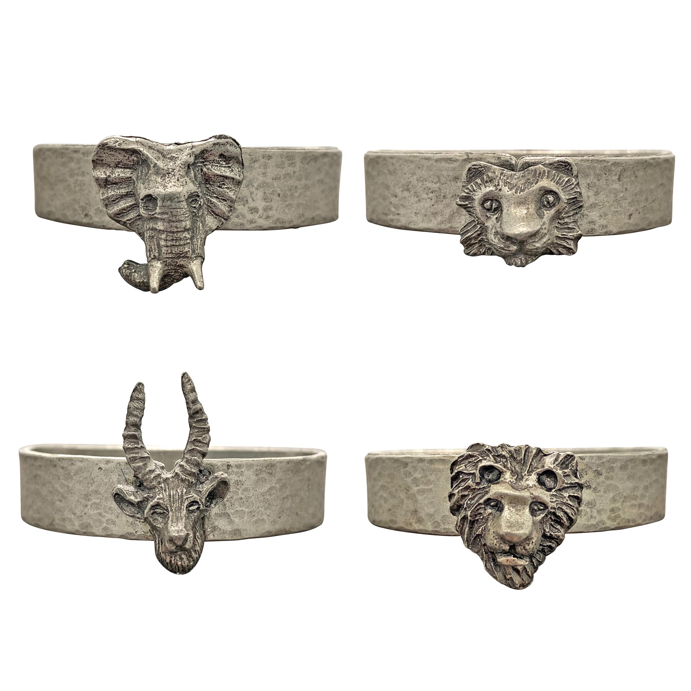 German Set of Eight Pewter Safari Themed Napkin Rings