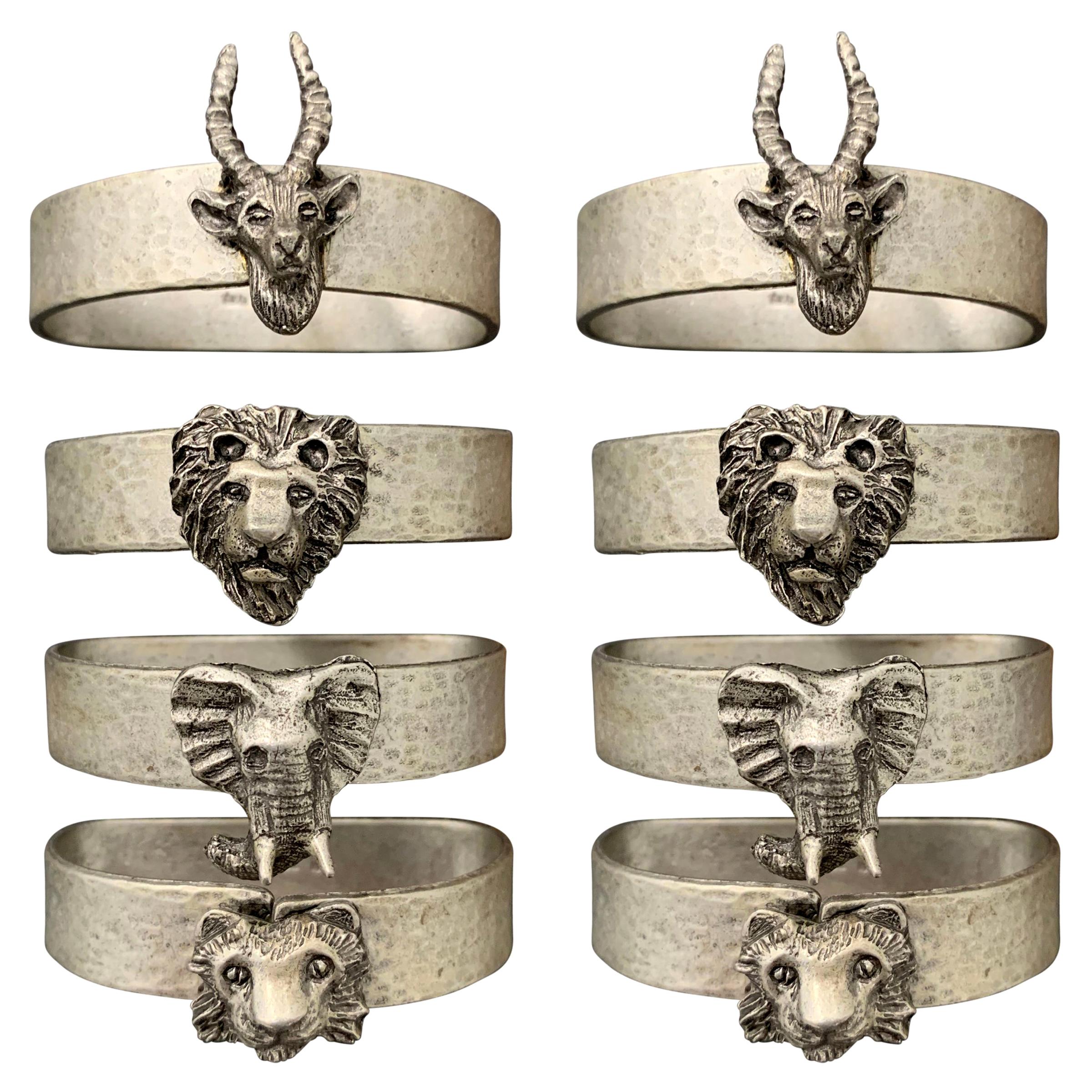 Set of Eight Pewter Safari Themed Napkin Rings
