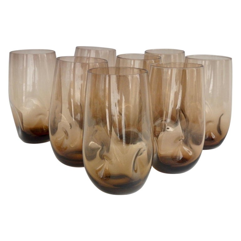 Set of Eight Pinched Base Smoked Cocktail Glasses or Water Tumblers For Sale