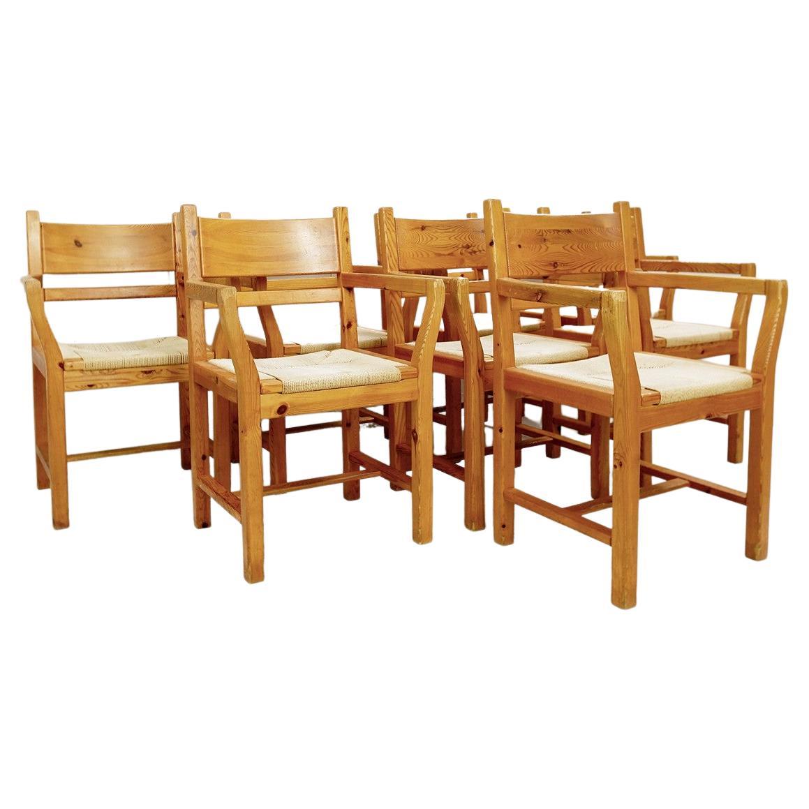 Set of Eight Pine Dining Danish Chairs with Rope Seat 1980'