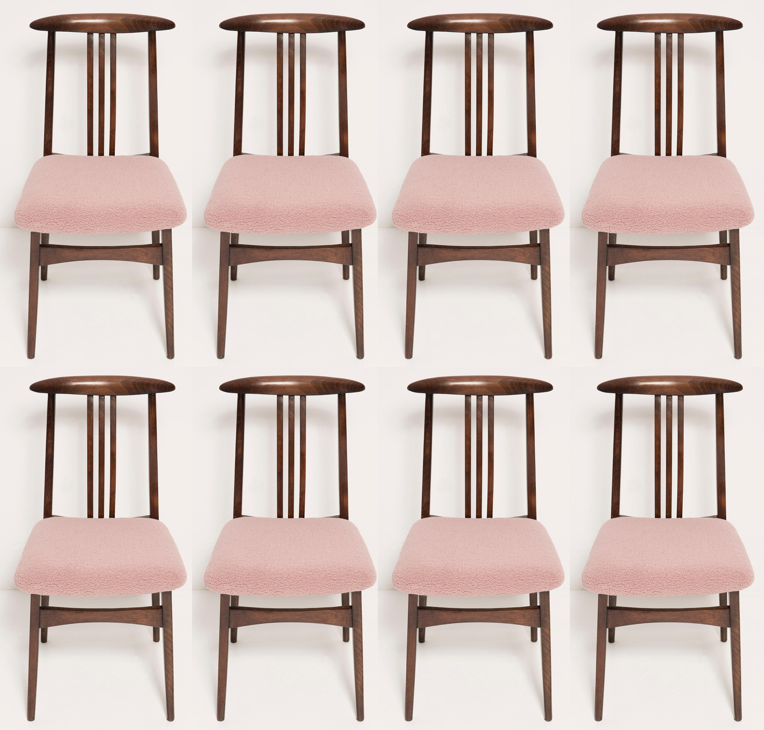 Polish Set of Eight Pink Boucle Chairs, by Zielinski, Europe, 1960s For Sale