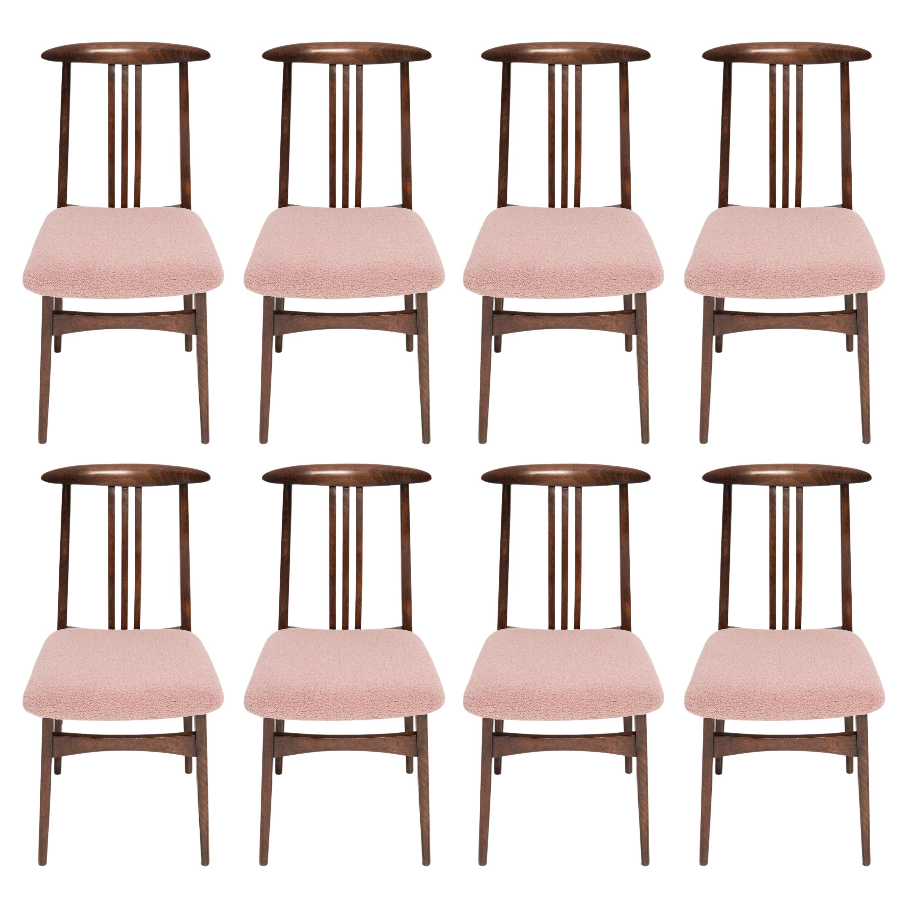 Ensemble de huit chaises en bouclette rose, par Zielinski, Europe, années 1960