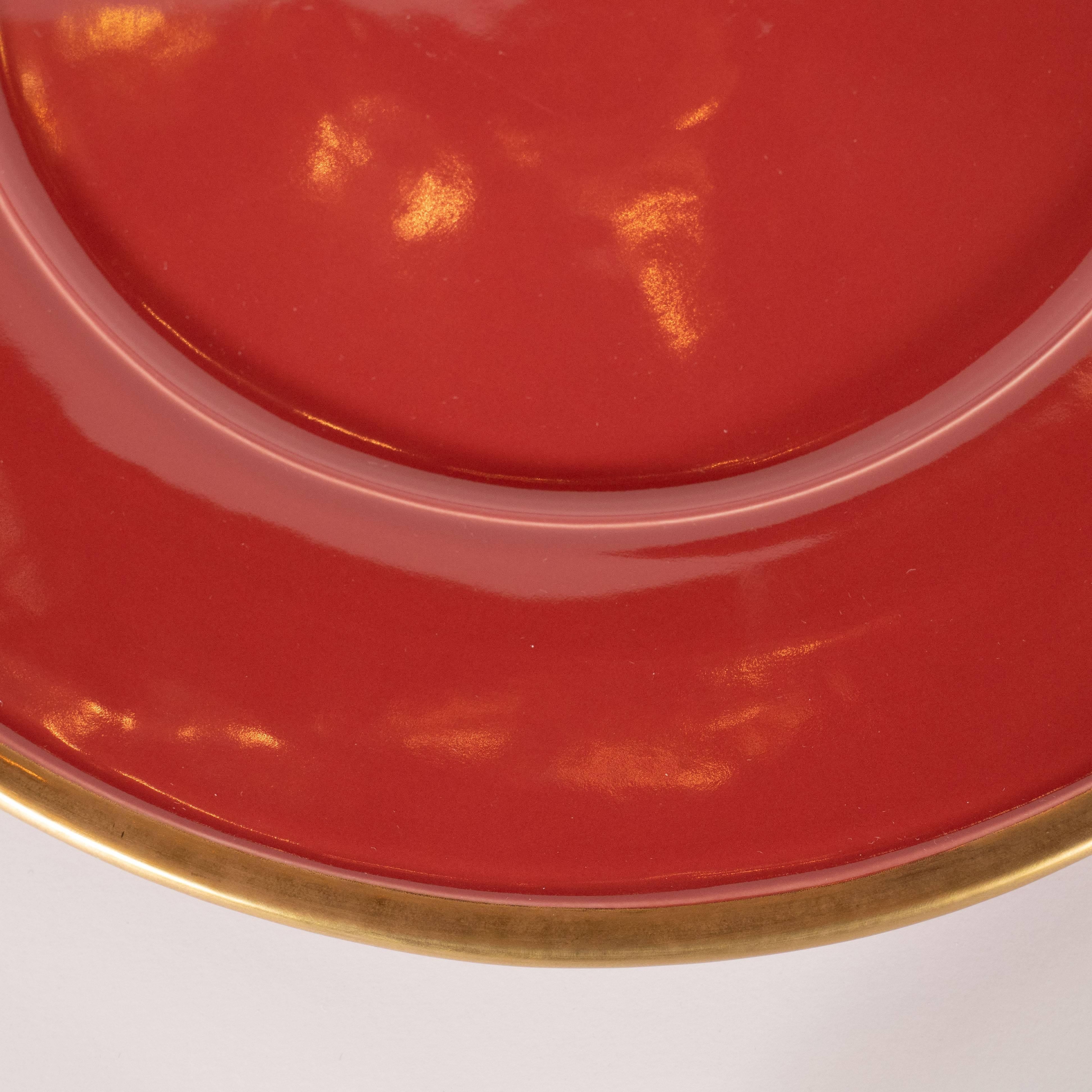 Modern Set of Eight Porcelain Carnelian Charger Plates with 24-Karat Gold Rims