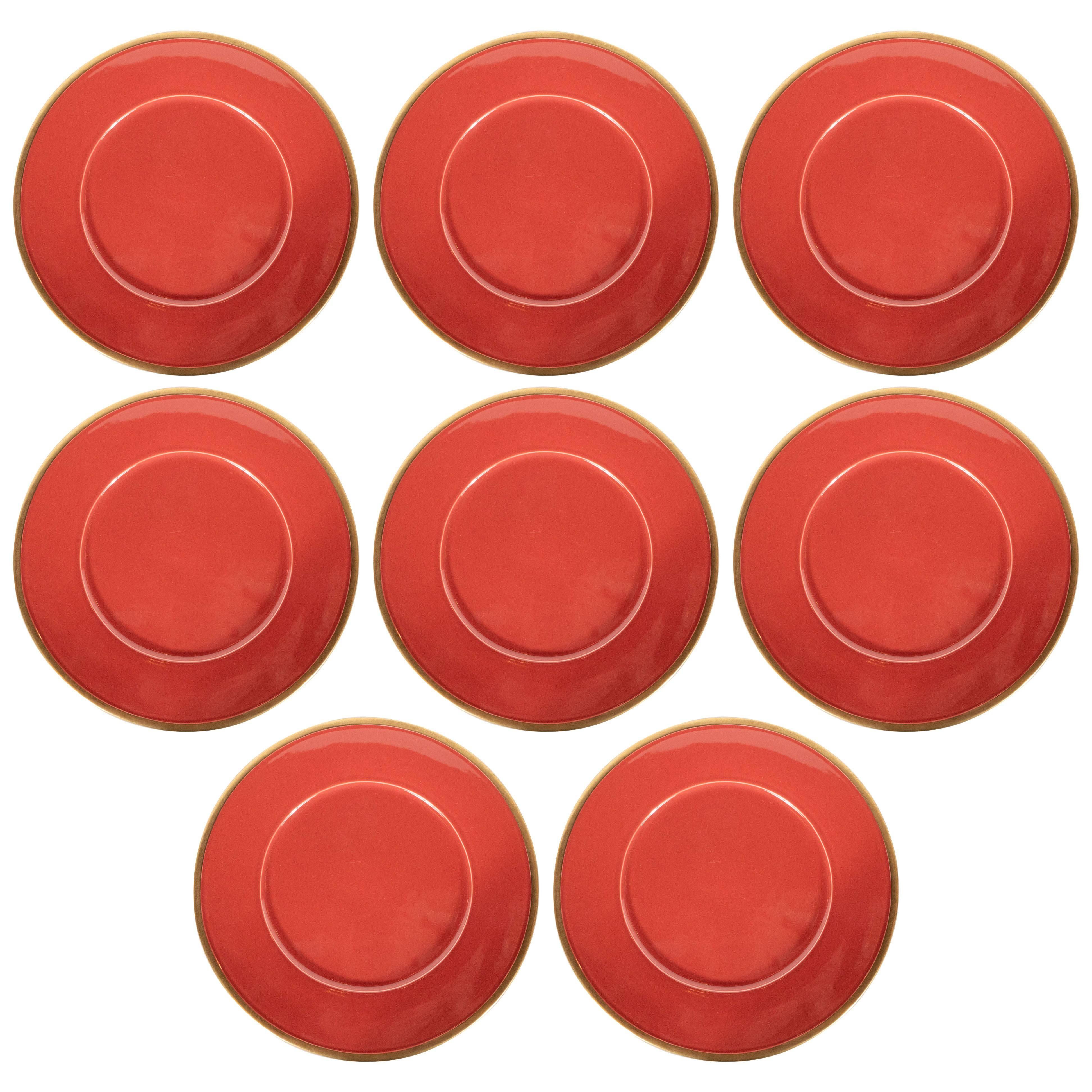 Set of Eight Porcelain Carnelian Charger Plates with 24-Karat Gold Rims
