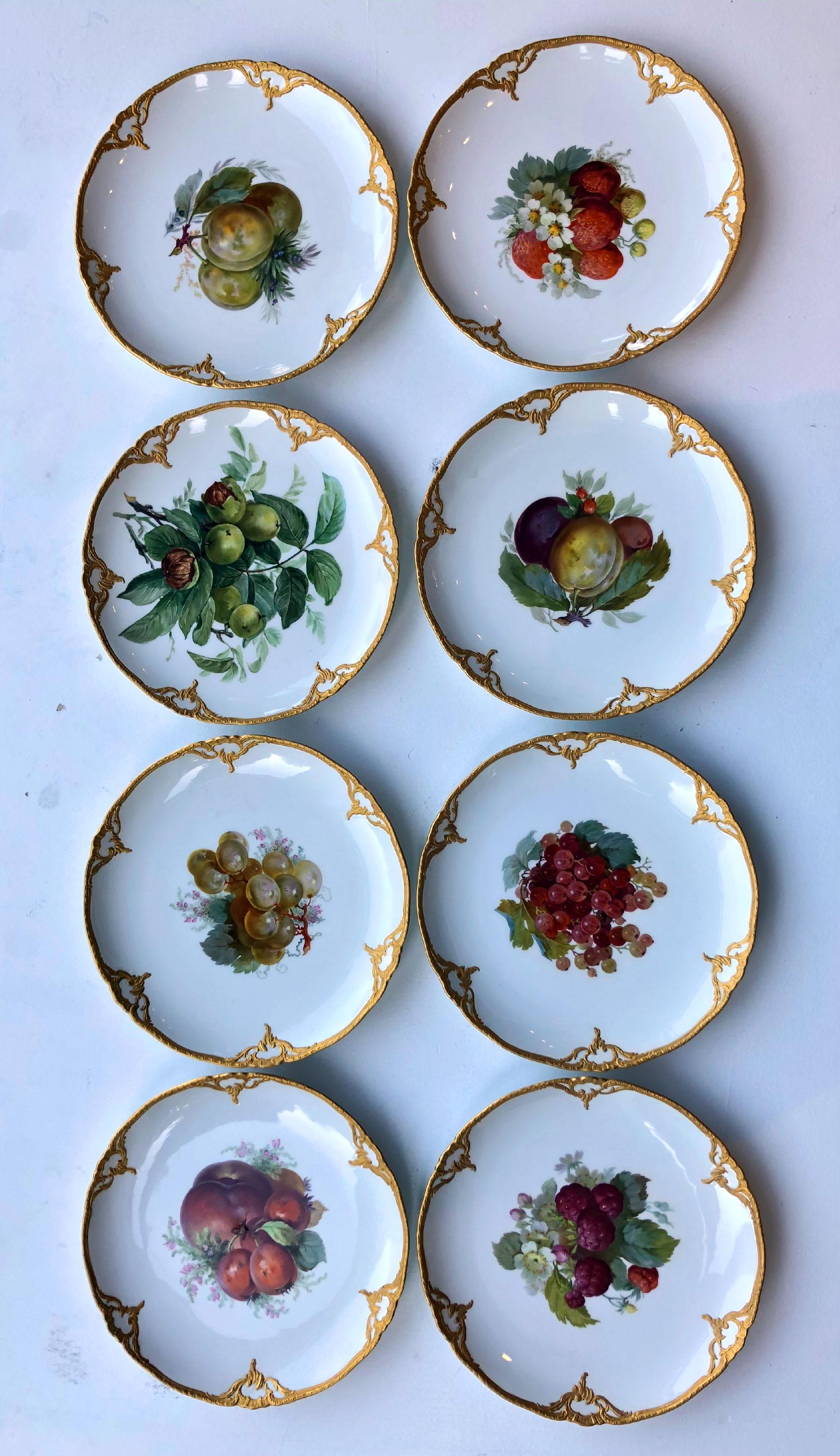 Set of Eight Porcelain Dessert Plates Depicting Fruit with 14k Gold Detail In Excellent Condition In Larkspur, CA