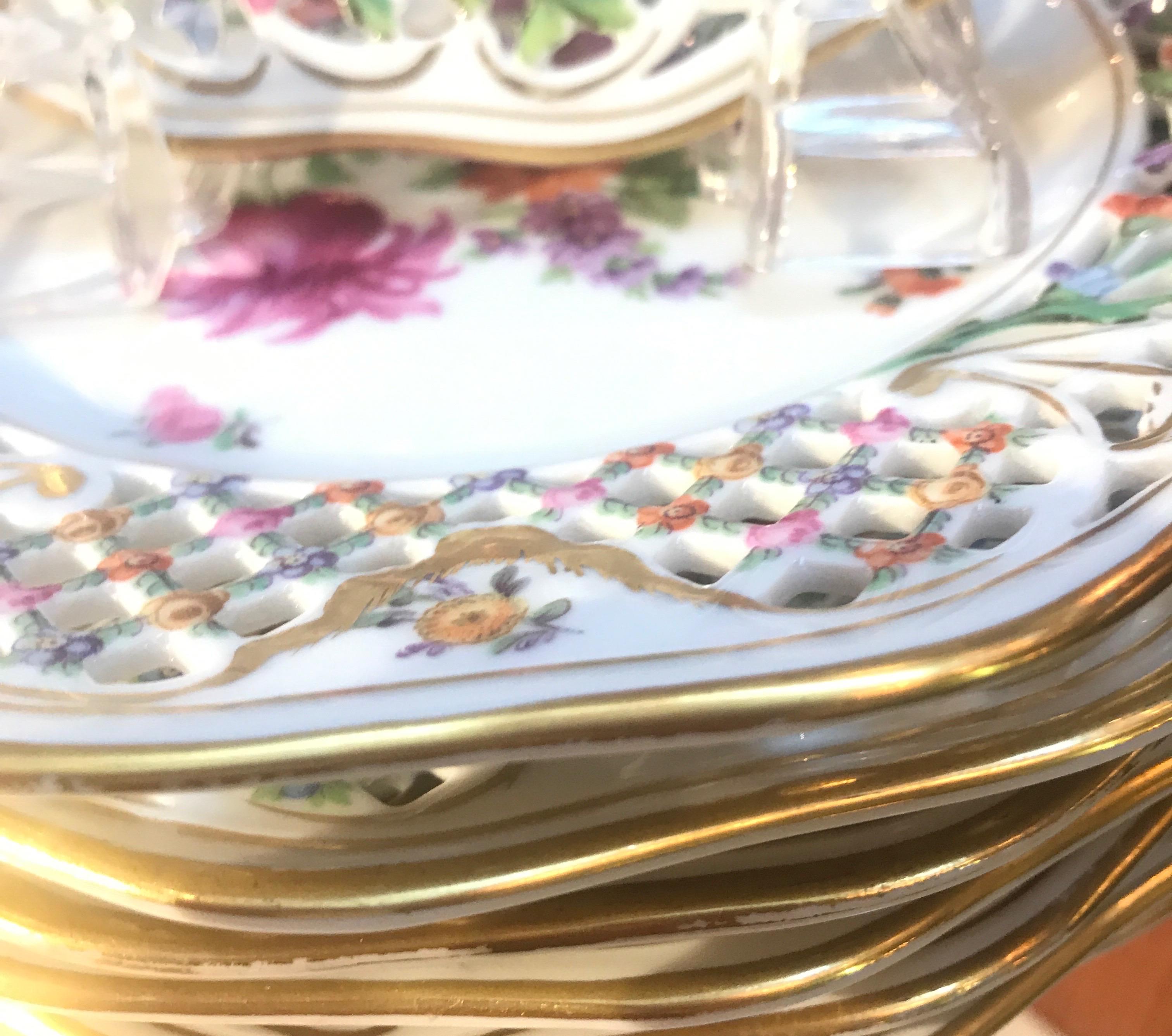 German Set of Eight Porcelain Reticulated Luncheon Plates