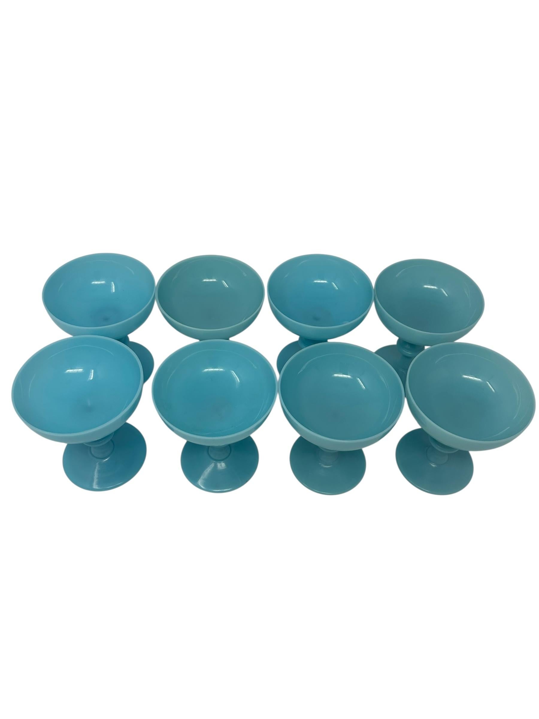 Mid-20th Century Set of Eight Portieux Vallerysthal Turquoise Blue Opaline Champagne Coupes For Sale