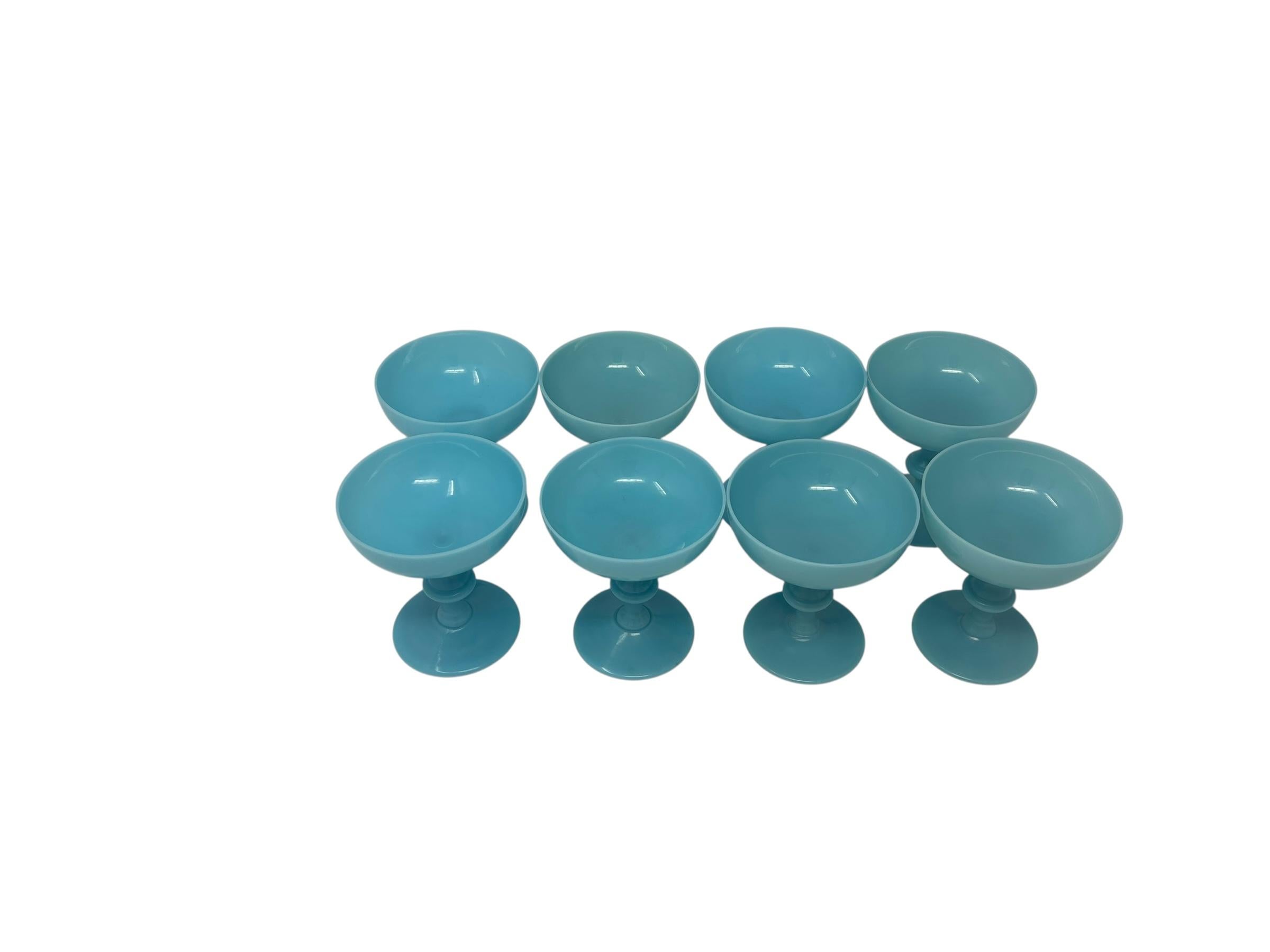 Opaline Glass Set of Eight Portieux Vallerysthal Turquoise Blue Opaline Champagne Coupes For Sale