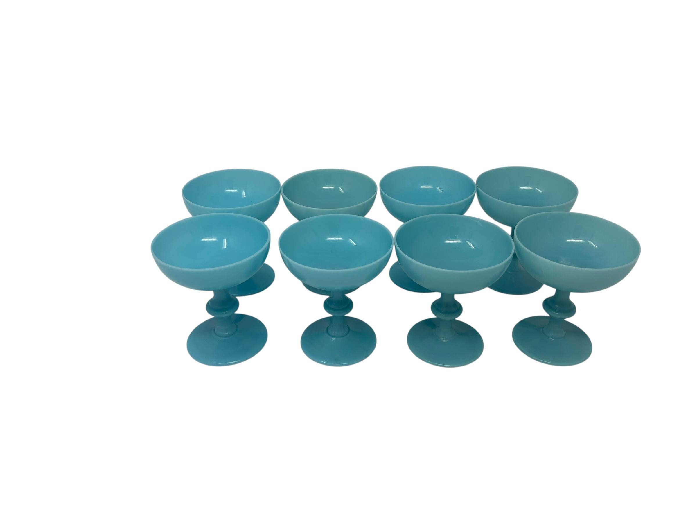 Set of Eight Portieux Vallerysthal Turquoise Blue Opaline Champagne Coupes For Sale 1