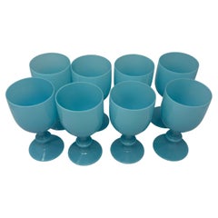 Set of Eight Portieux Vallerysthal Turquoise Blue Opaline Wine or Water Goblets