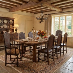 Set Of Eight Portuguese Embossed Leather And Walnut Dining Chairs